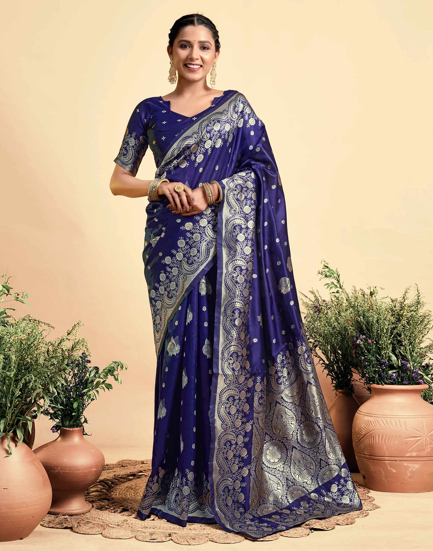 Navy Blue Silk Woven Saree