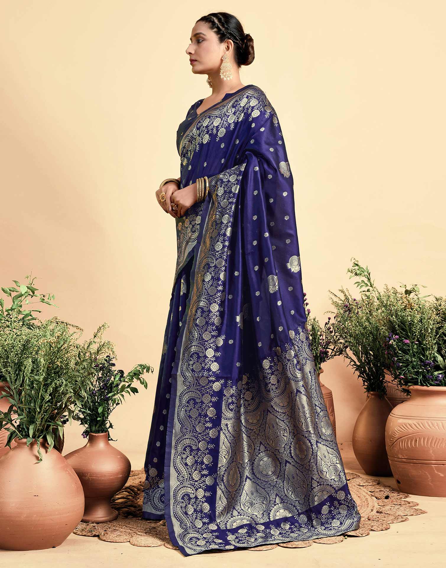 Navy Blue Silk Woven Saree