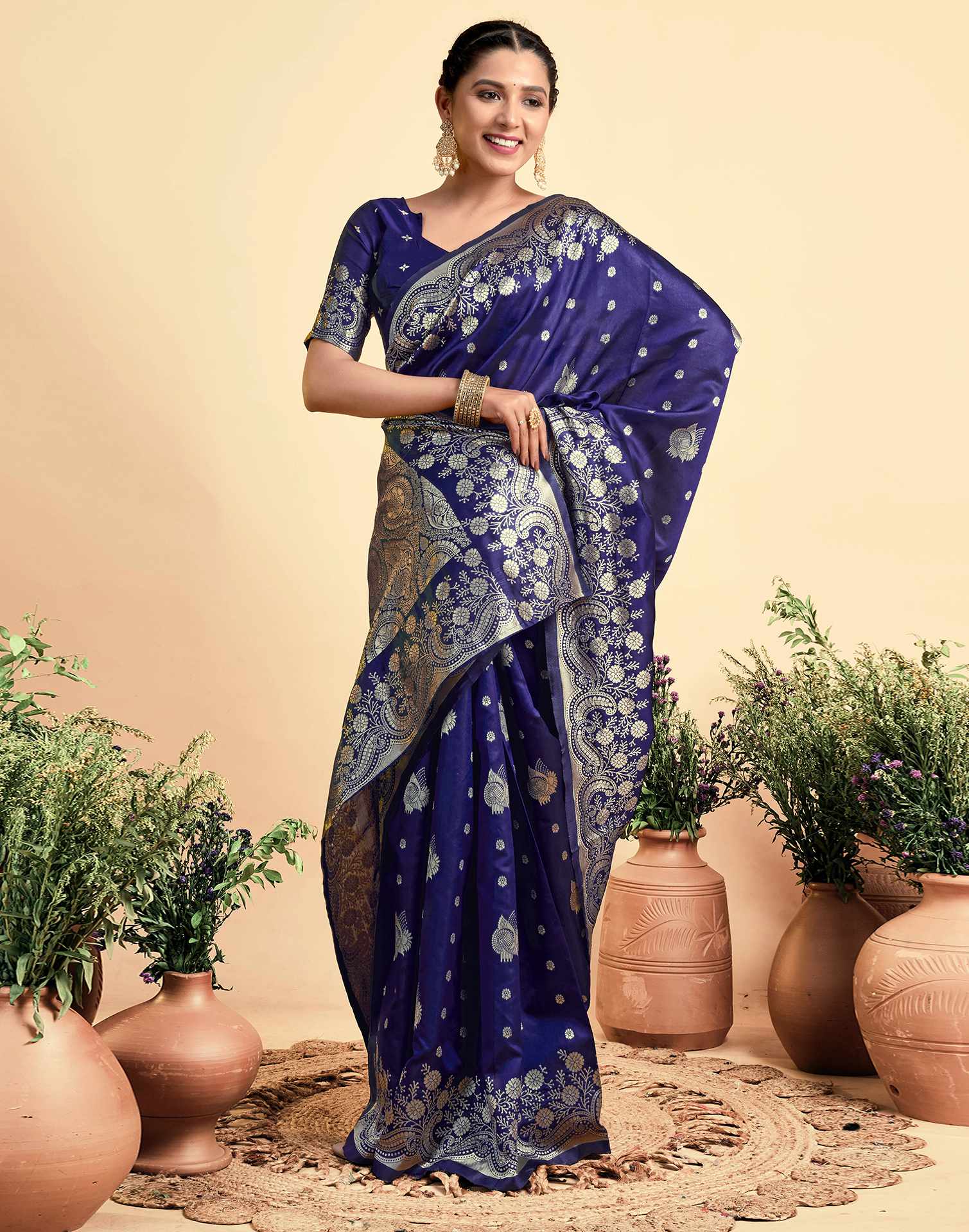 Navy Blue Silk Woven Saree