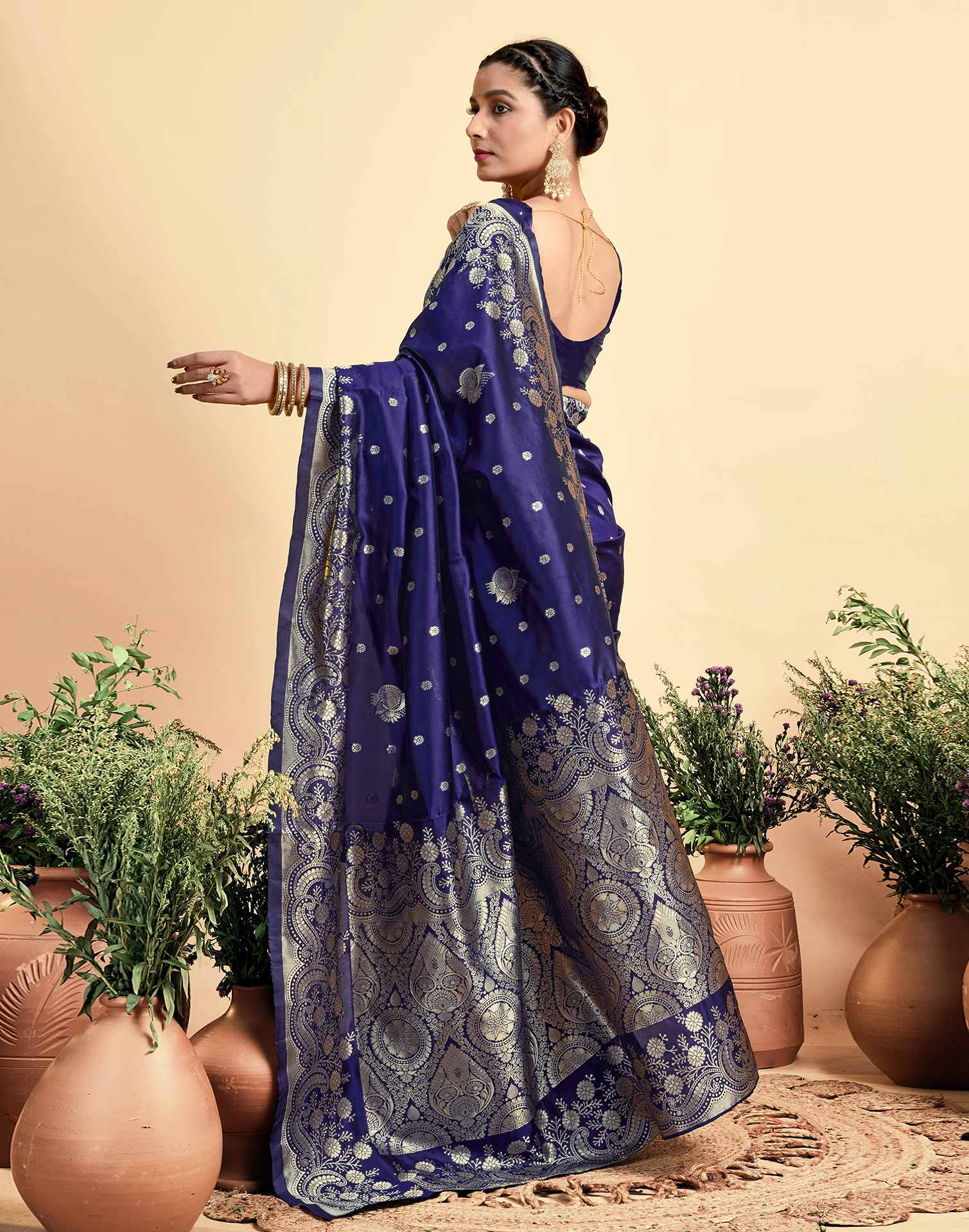 Navy Blue Silk Woven Saree