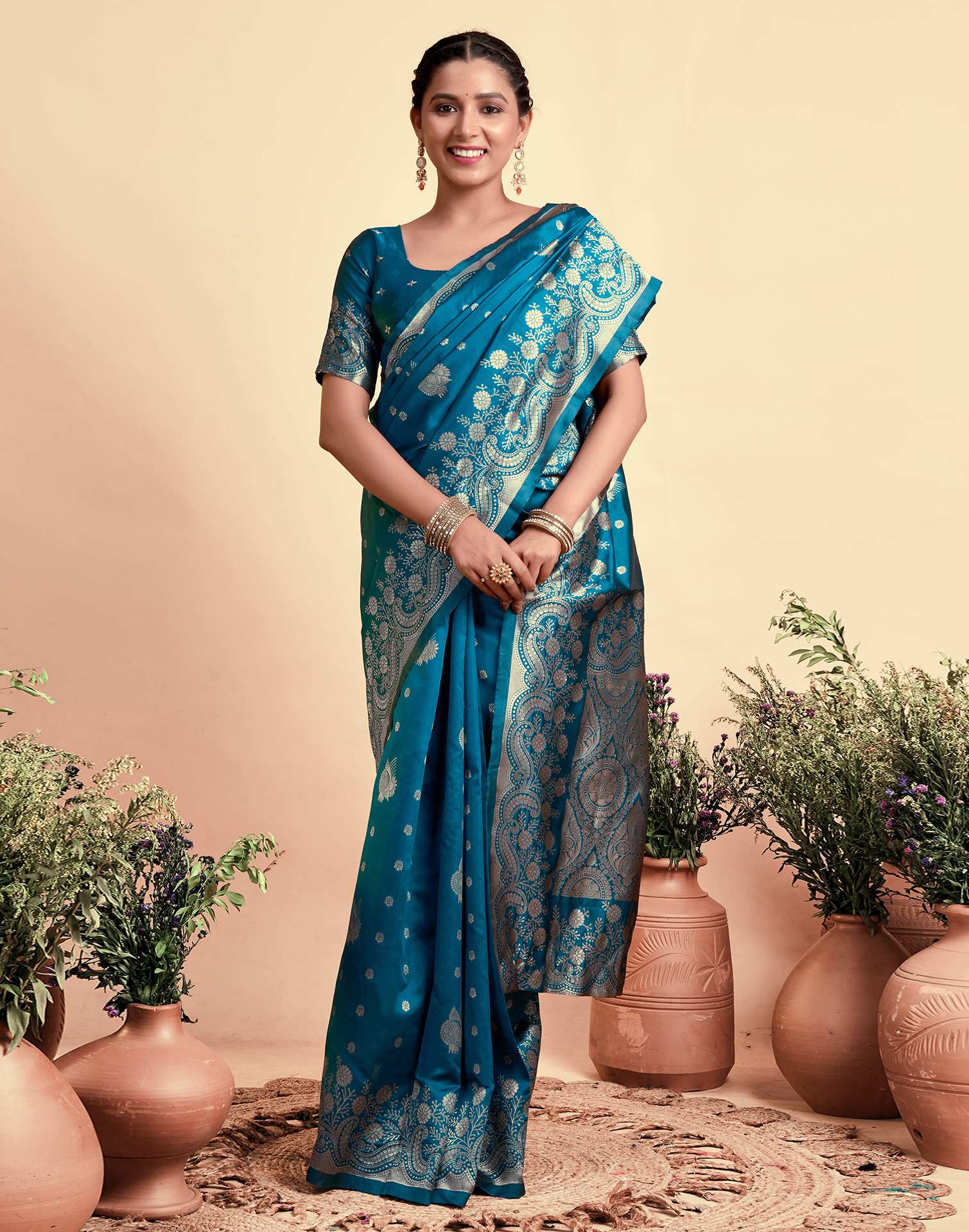 Teal Blue Silk Woven Saree