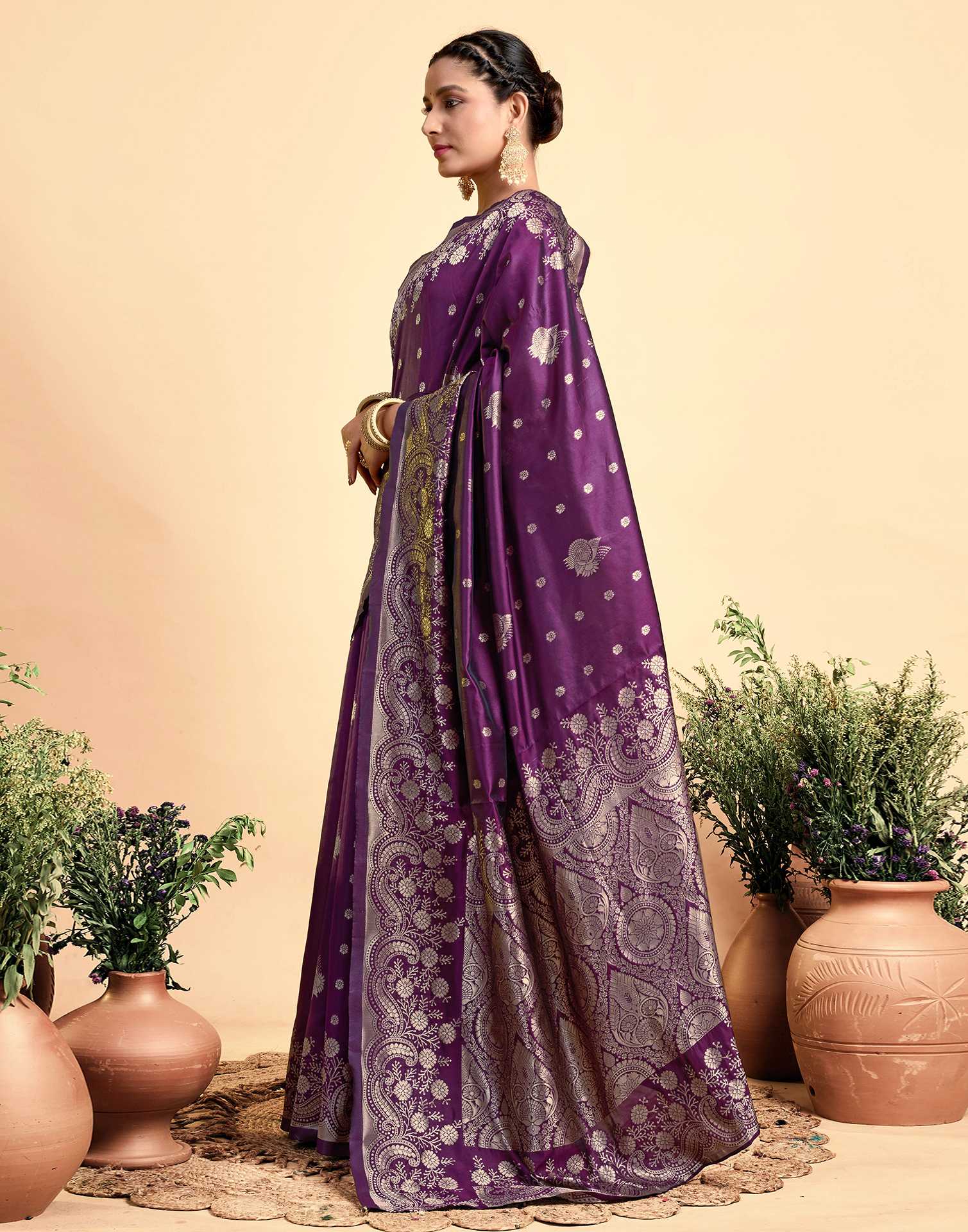 Dark Wine Silk Woven Saree