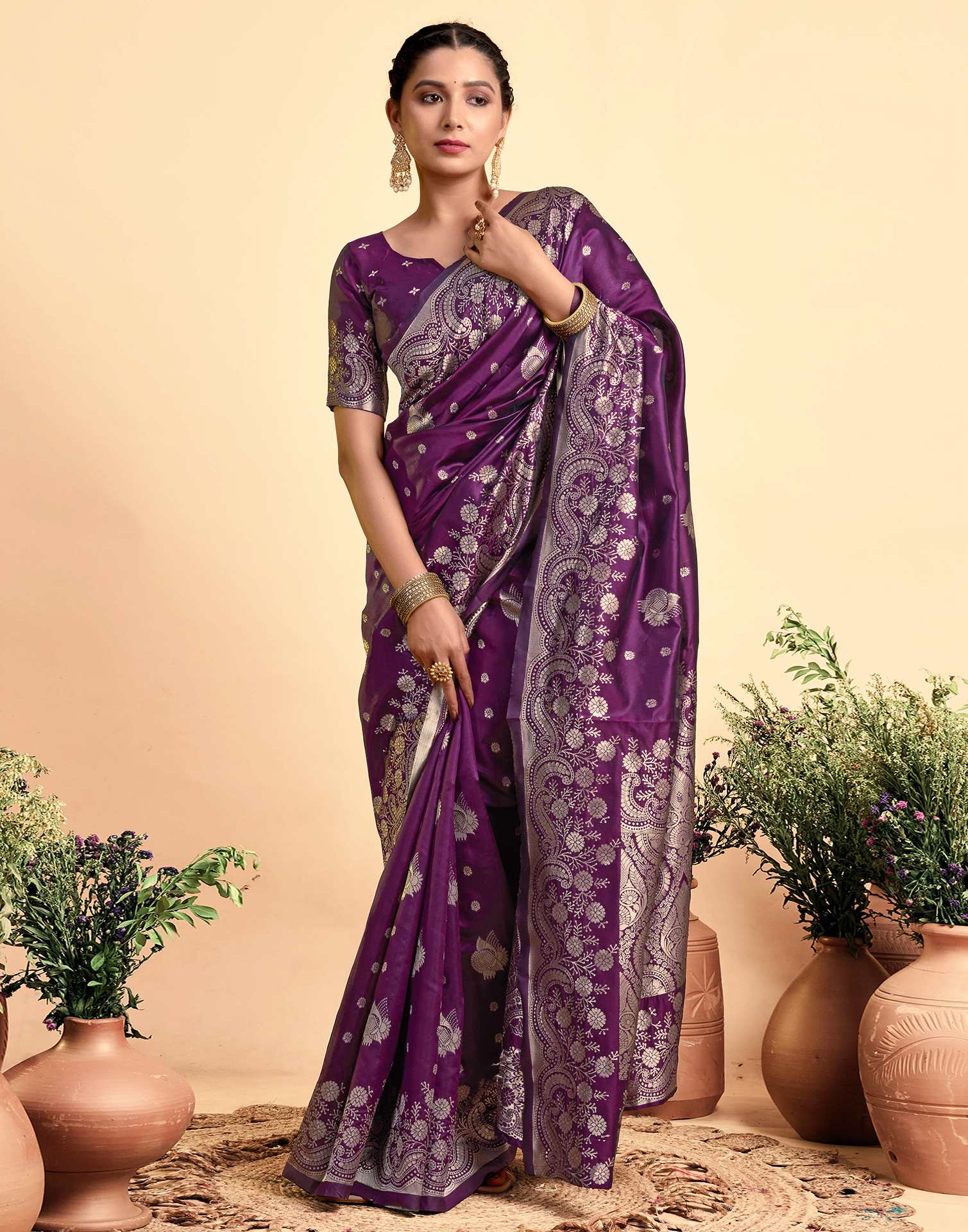Dark Wine Silk Woven Saree