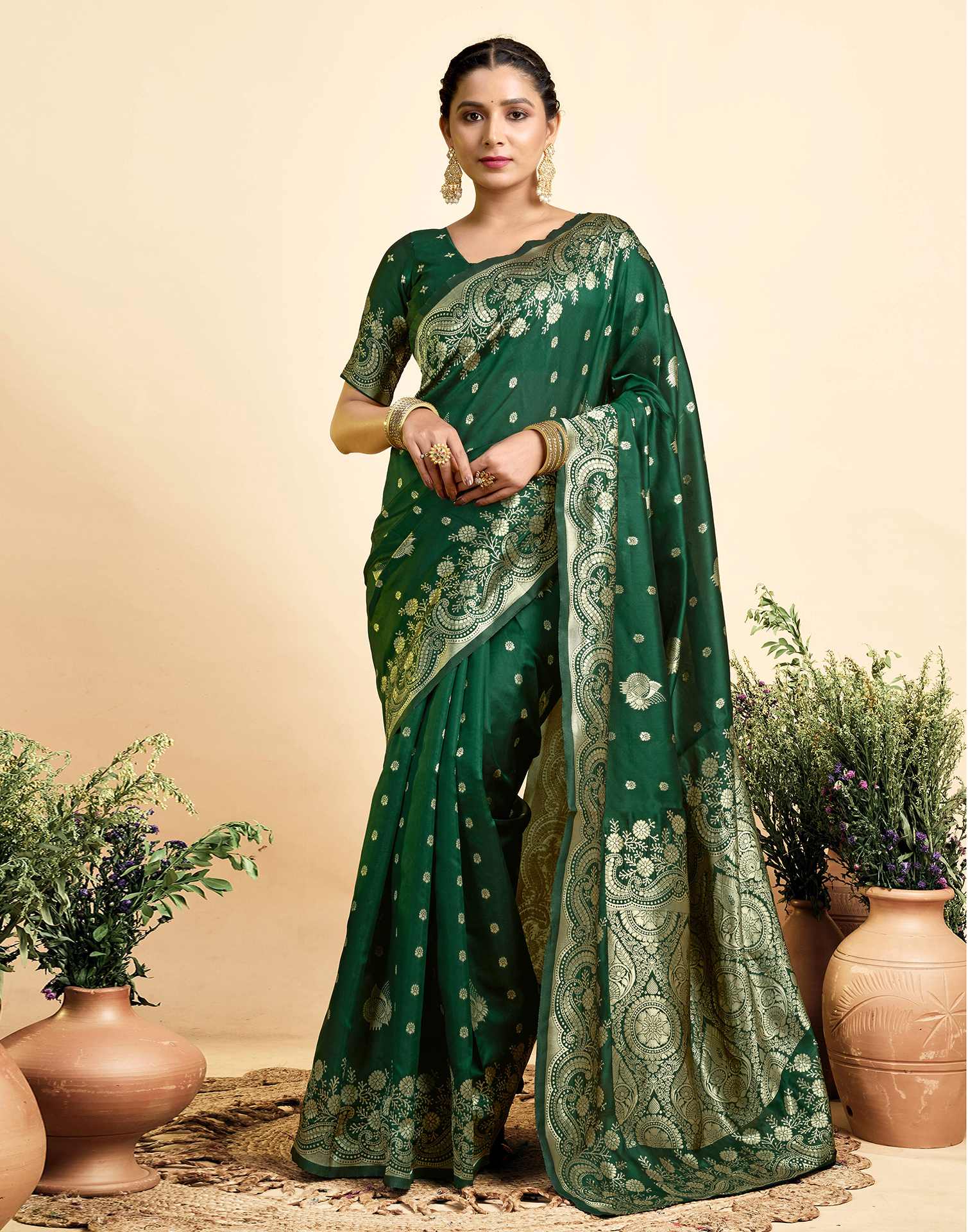 Dark Green Silk Woven Saree