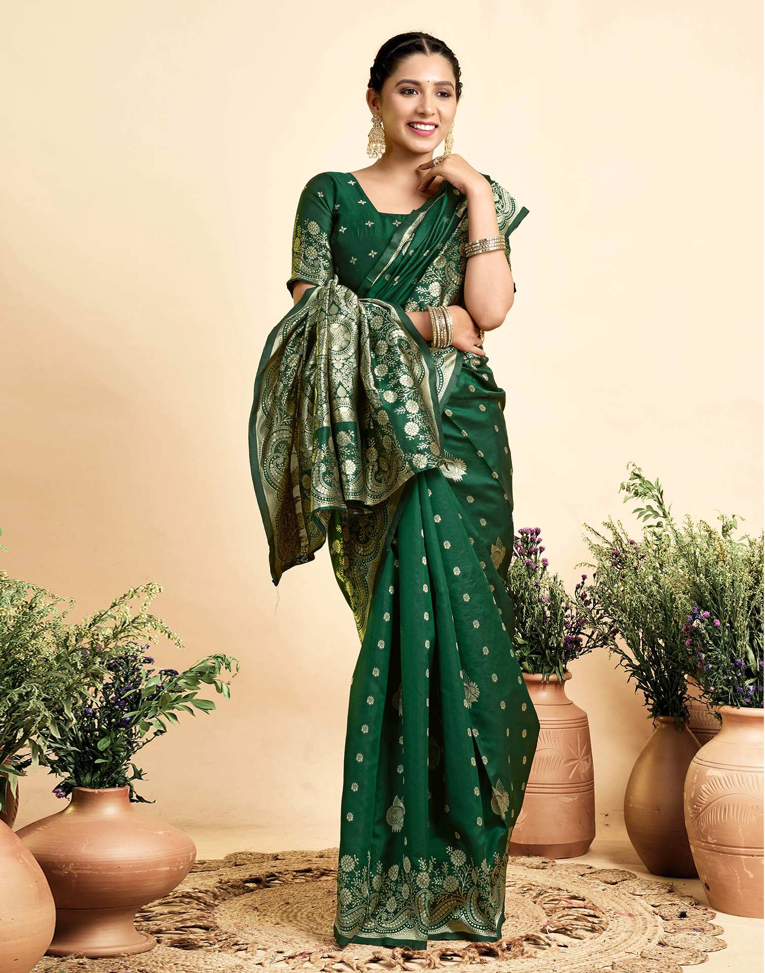 Dark Green Silk Woven Saree
