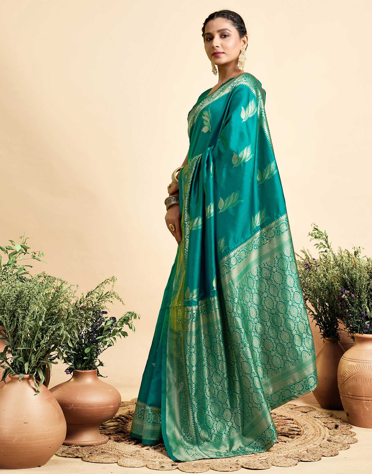 Teal Green Silk Woven Saree