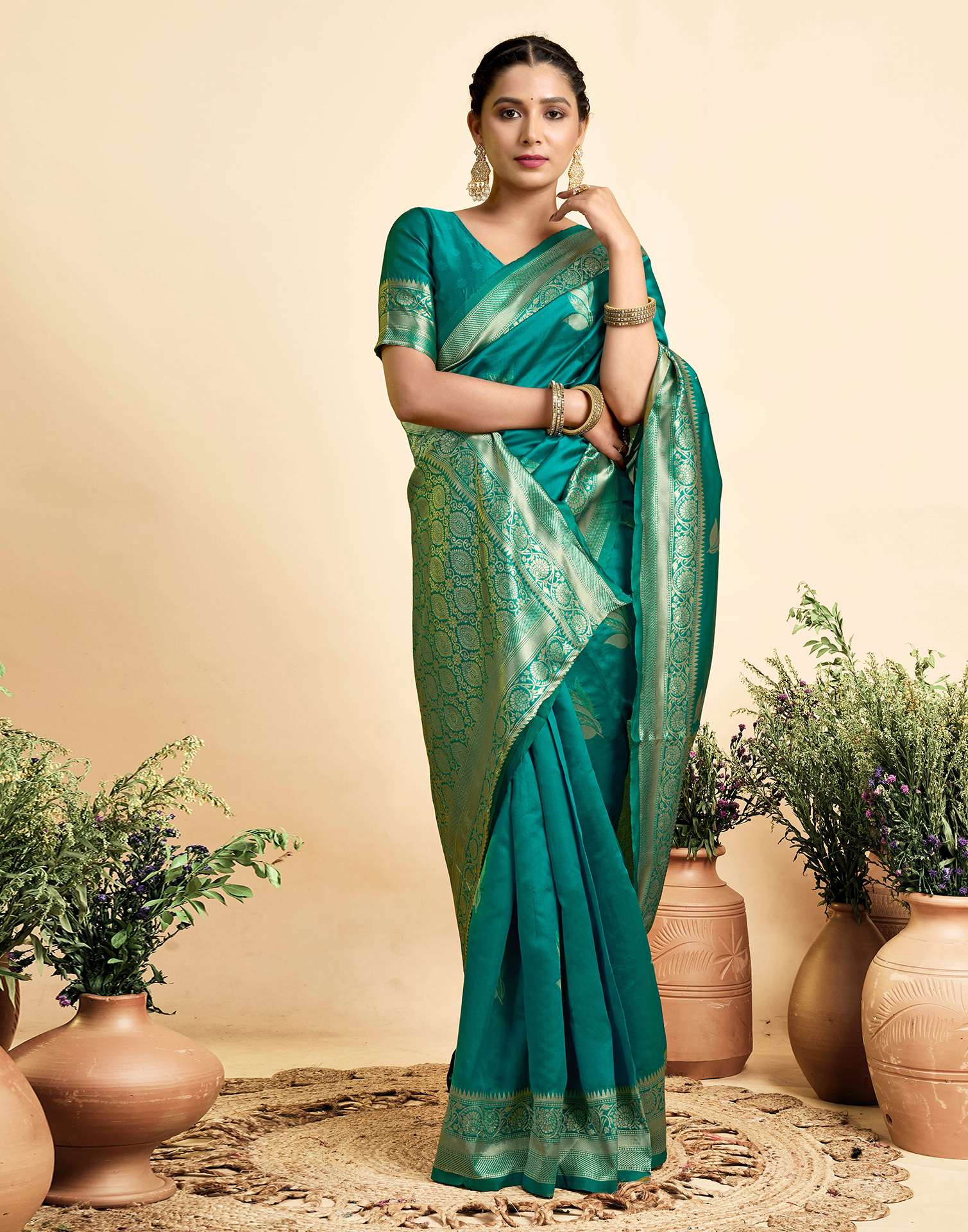 Teal Green Silk Woven Saree