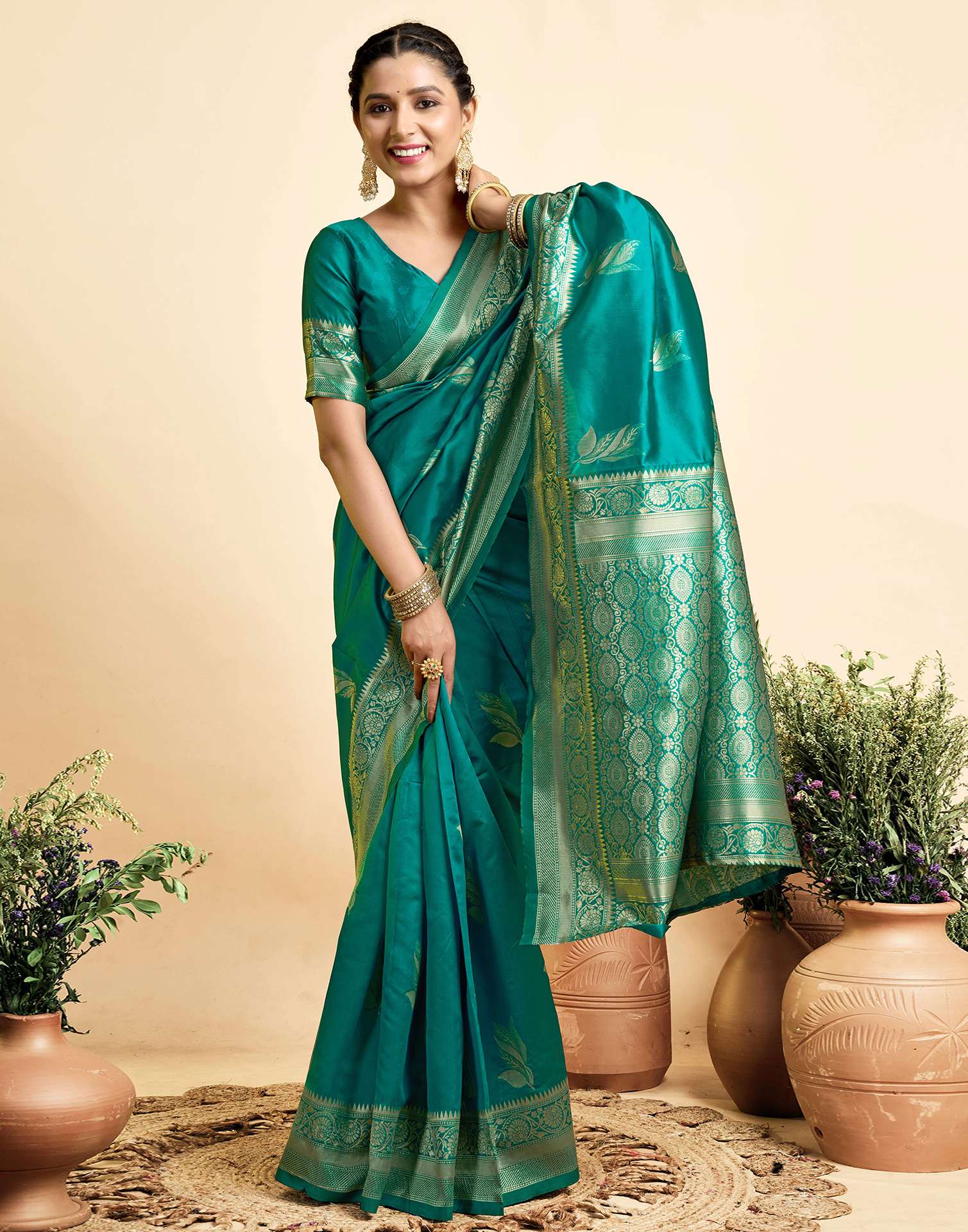 Teal Green Silk Woven Saree
