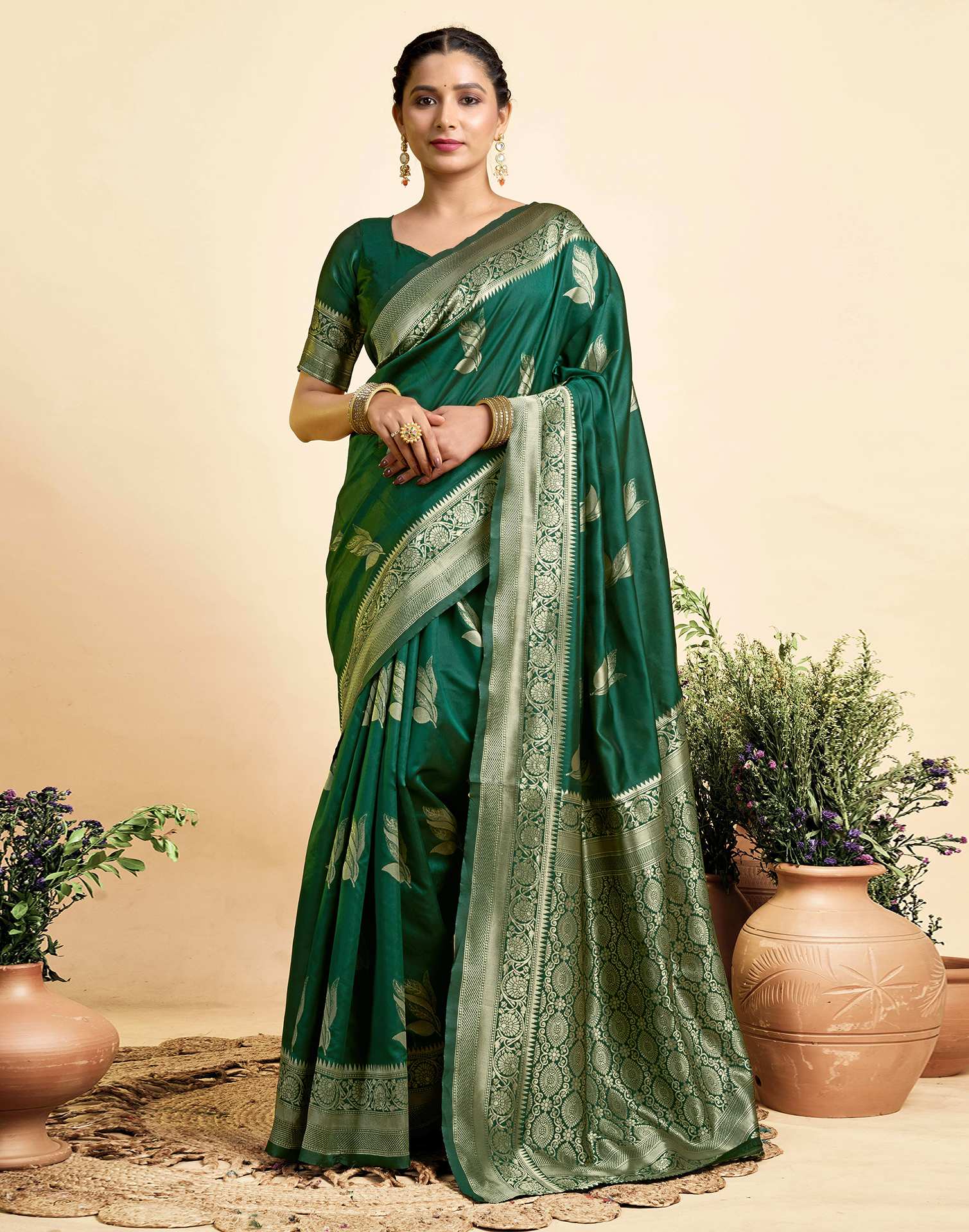 Dark Green Silk Woven Saree