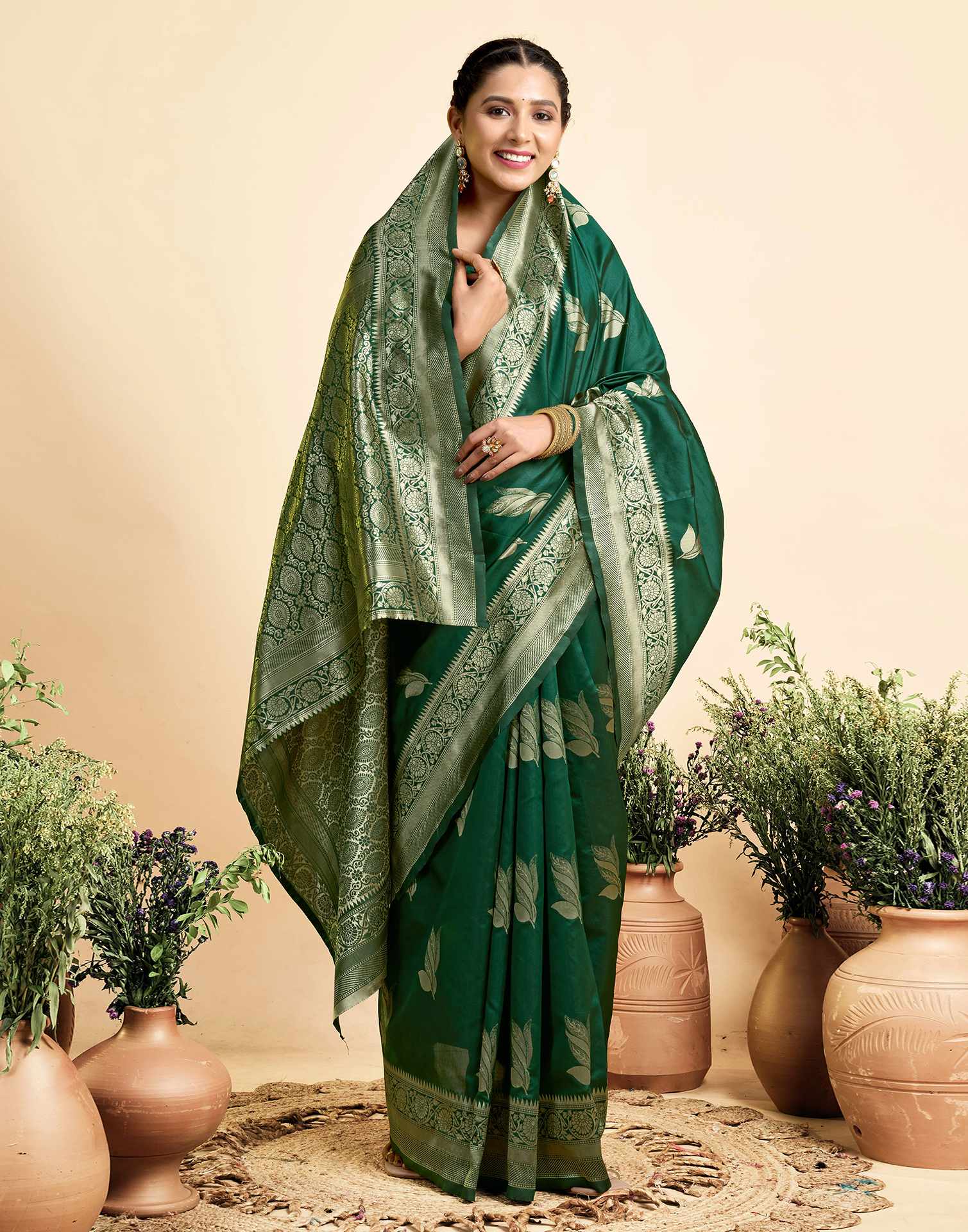 Dark Green Silk Woven Saree