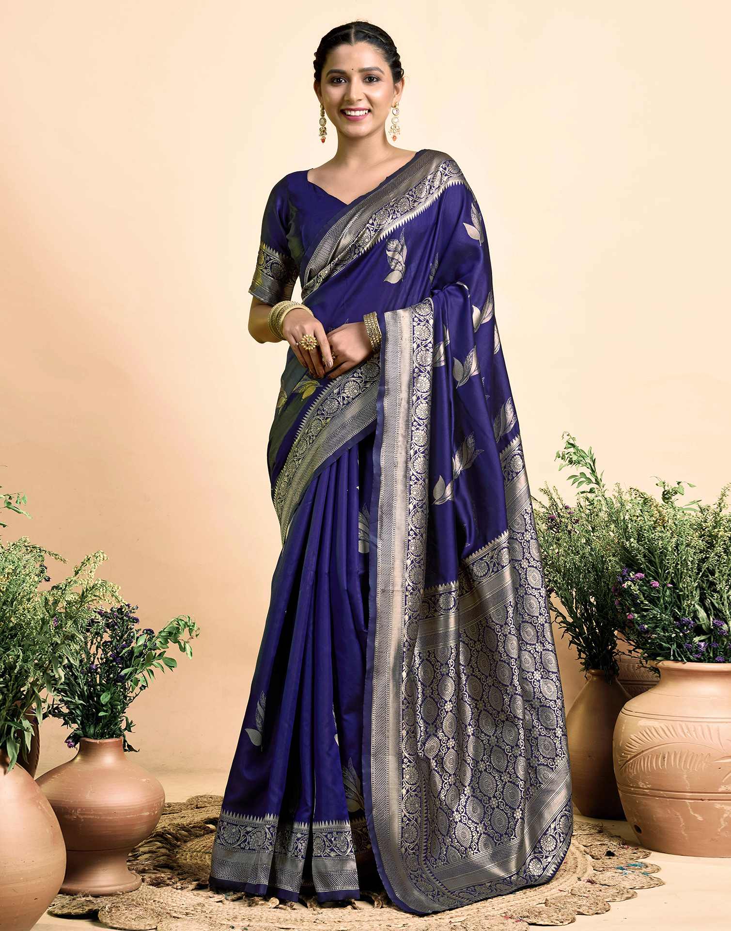 Navy Blue Silk Woven Saree