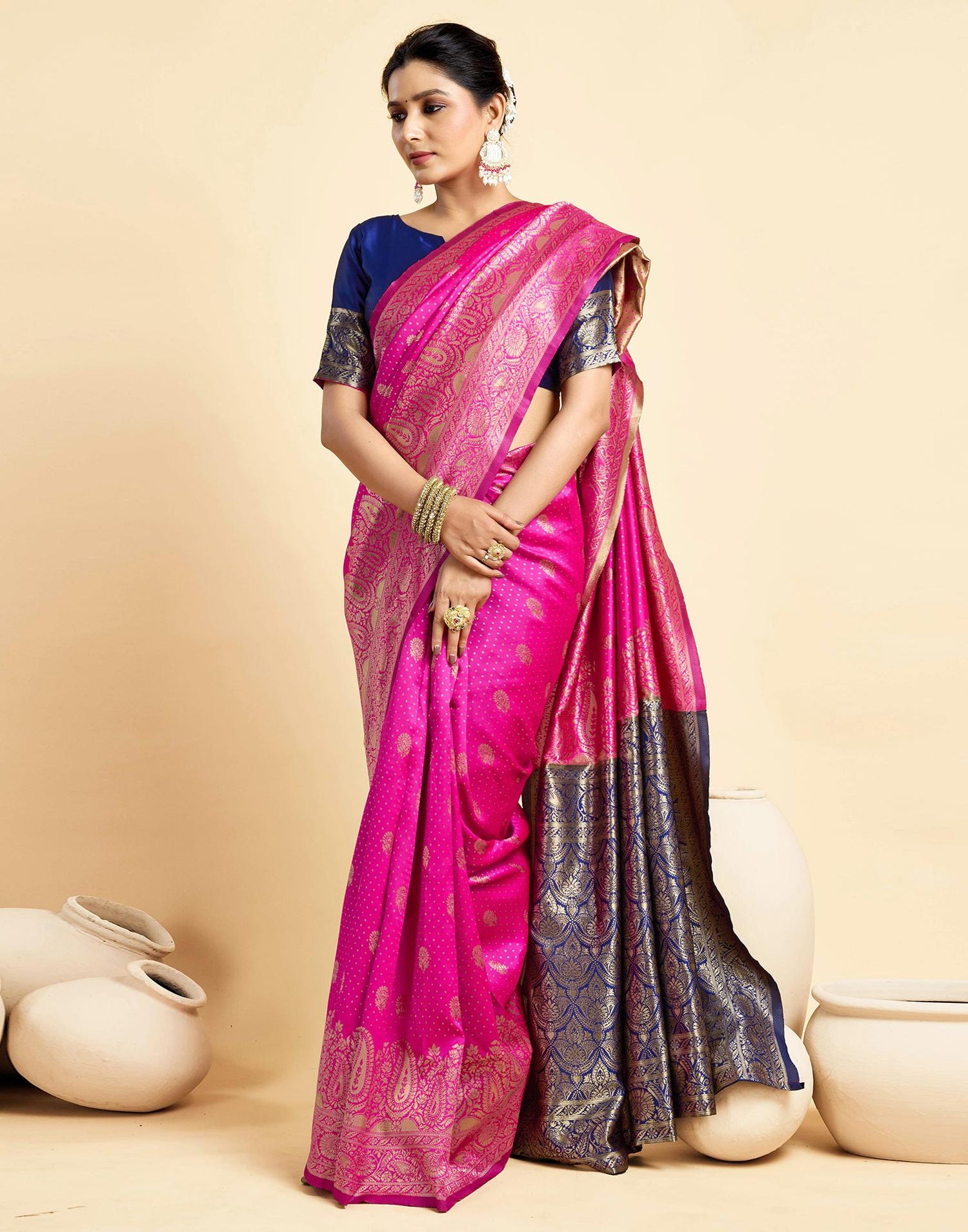 Rani Pink Silk Woven Banarasi Saree