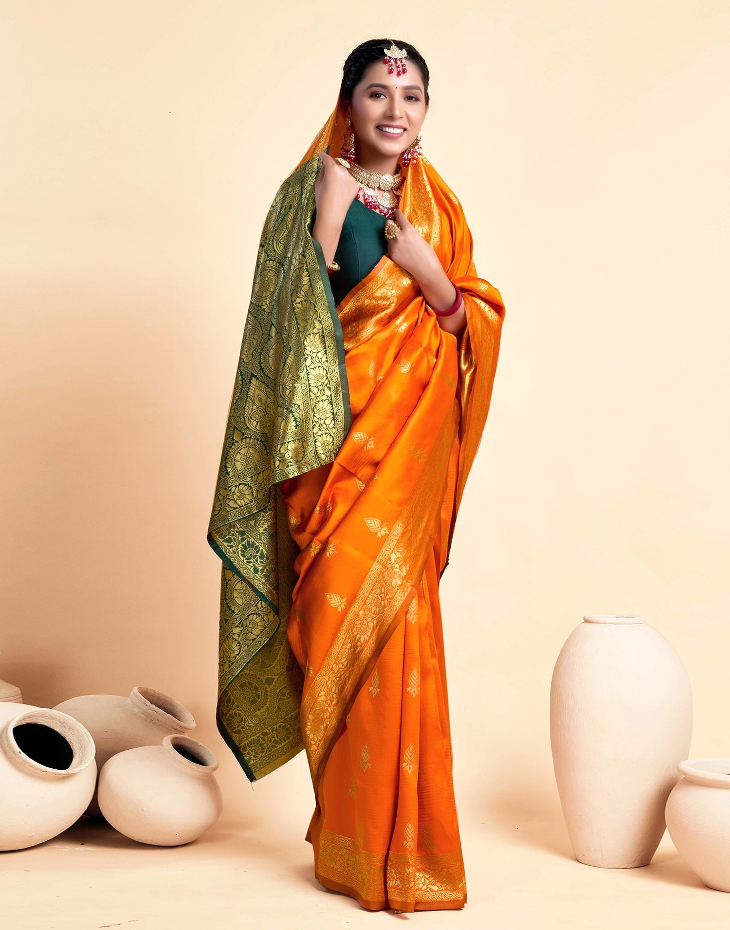 Orange Silk Woven Banarasi Saree