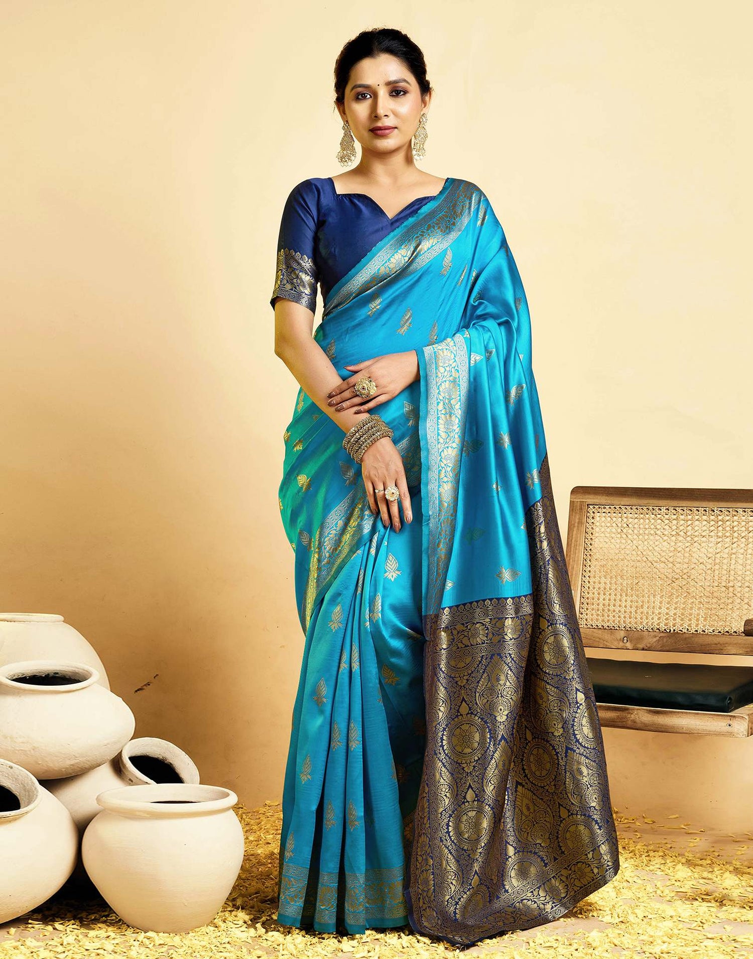 Teal Blue Silk Woven Banarasi Saree