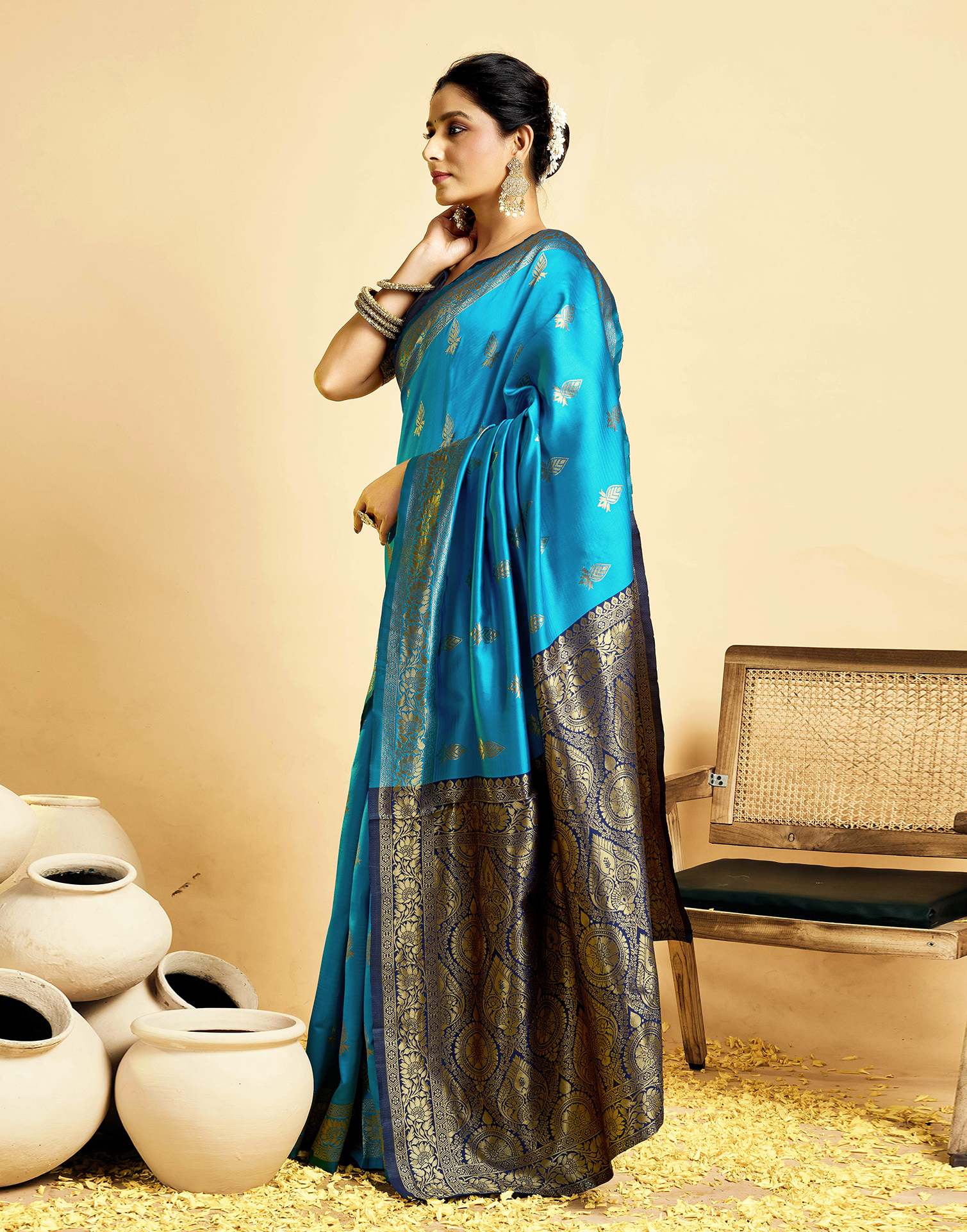 Teal Blue Silk Woven Banarasi Saree