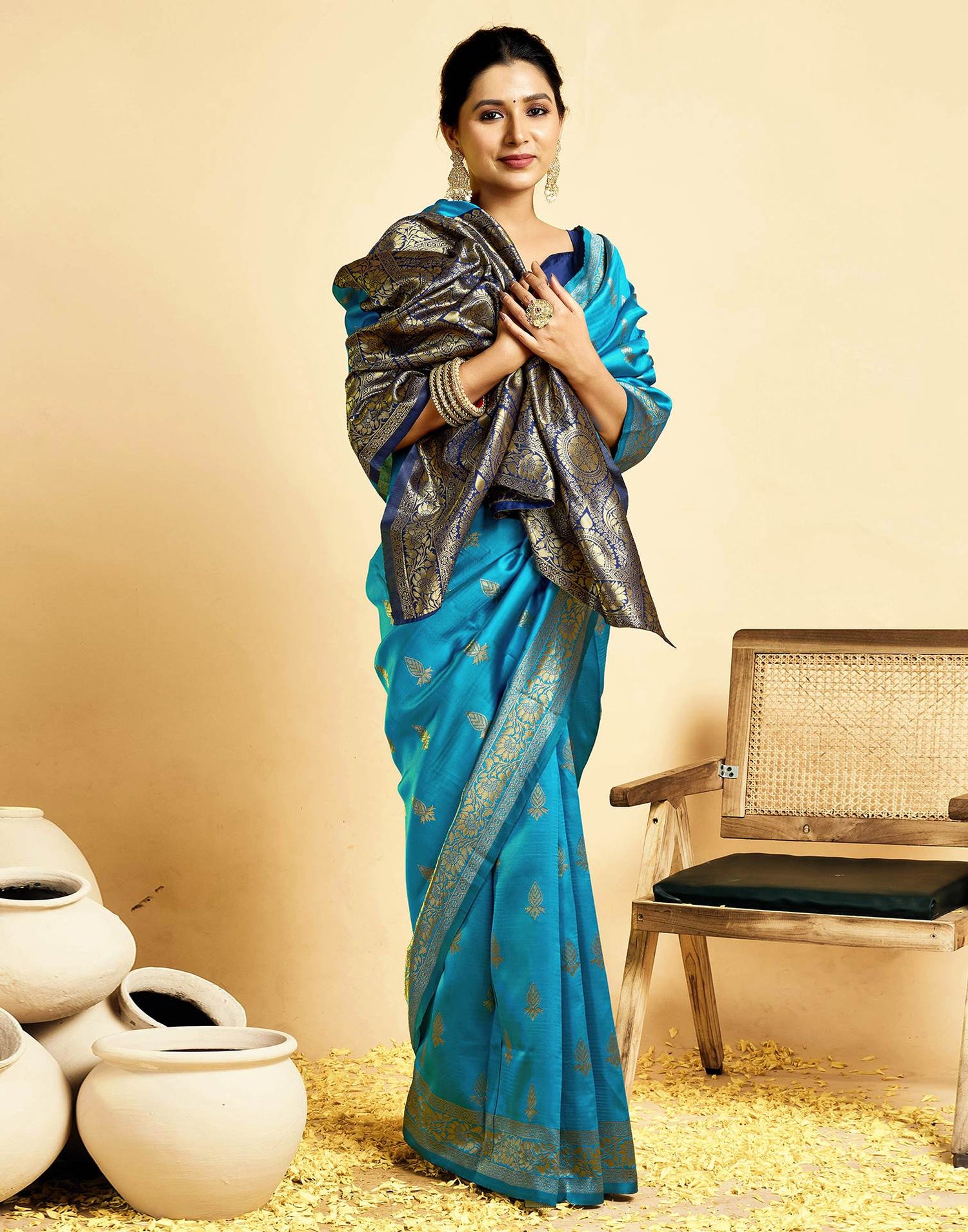 Teal Blue Silk Woven Banarasi Saree