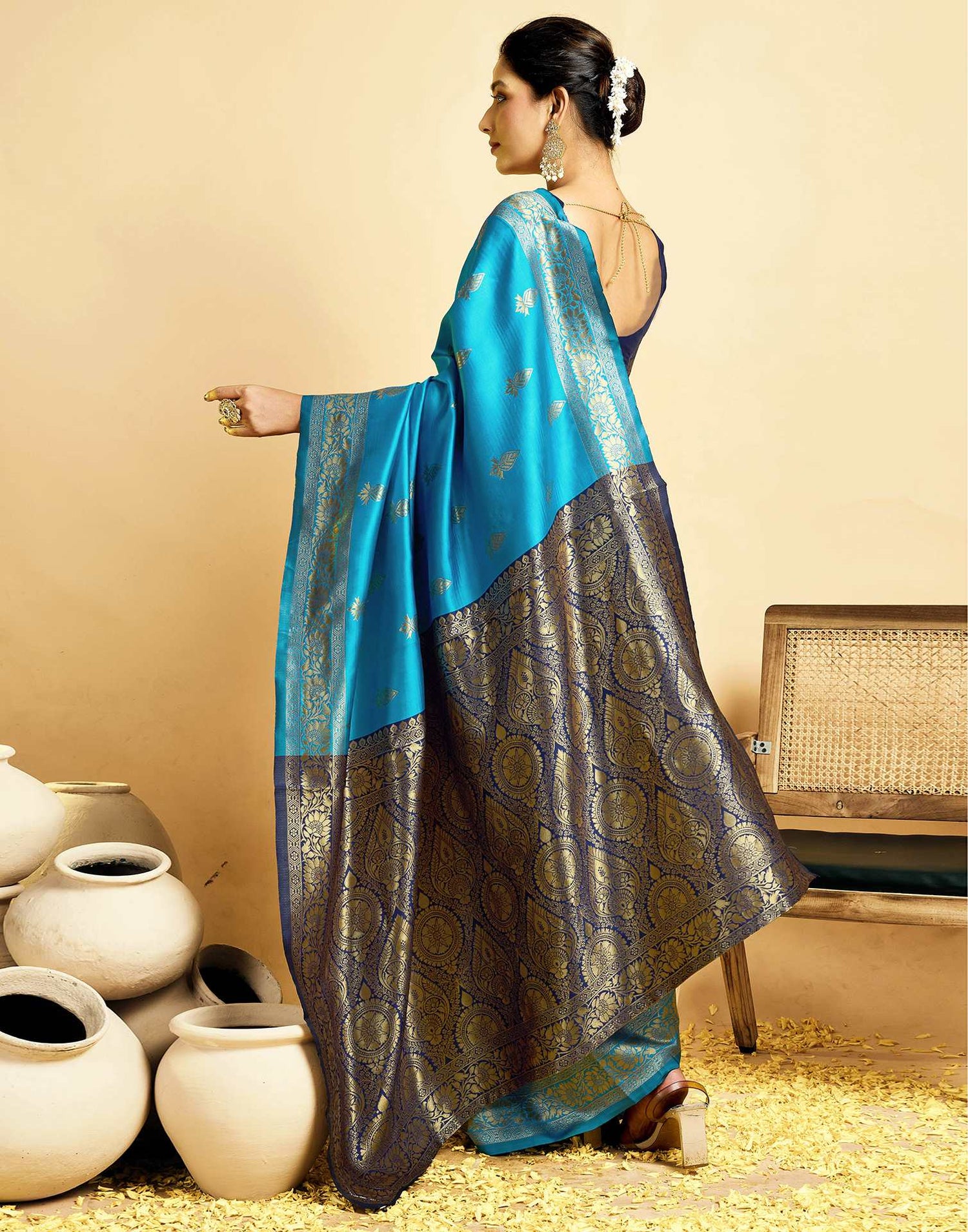Teal Blue Silk Woven Banarasi Saree