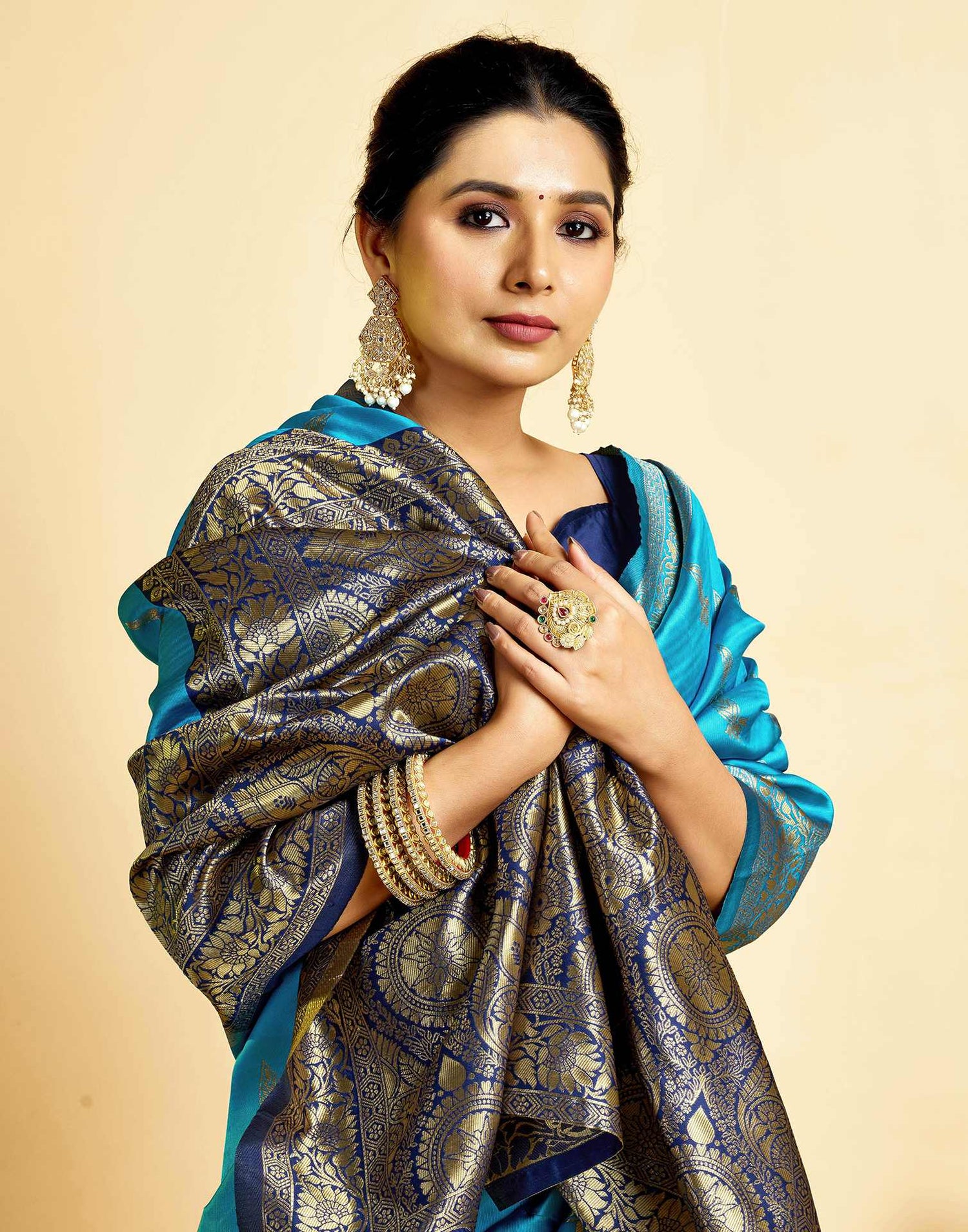 Teal Blue Silk Woven Banarasi Saree