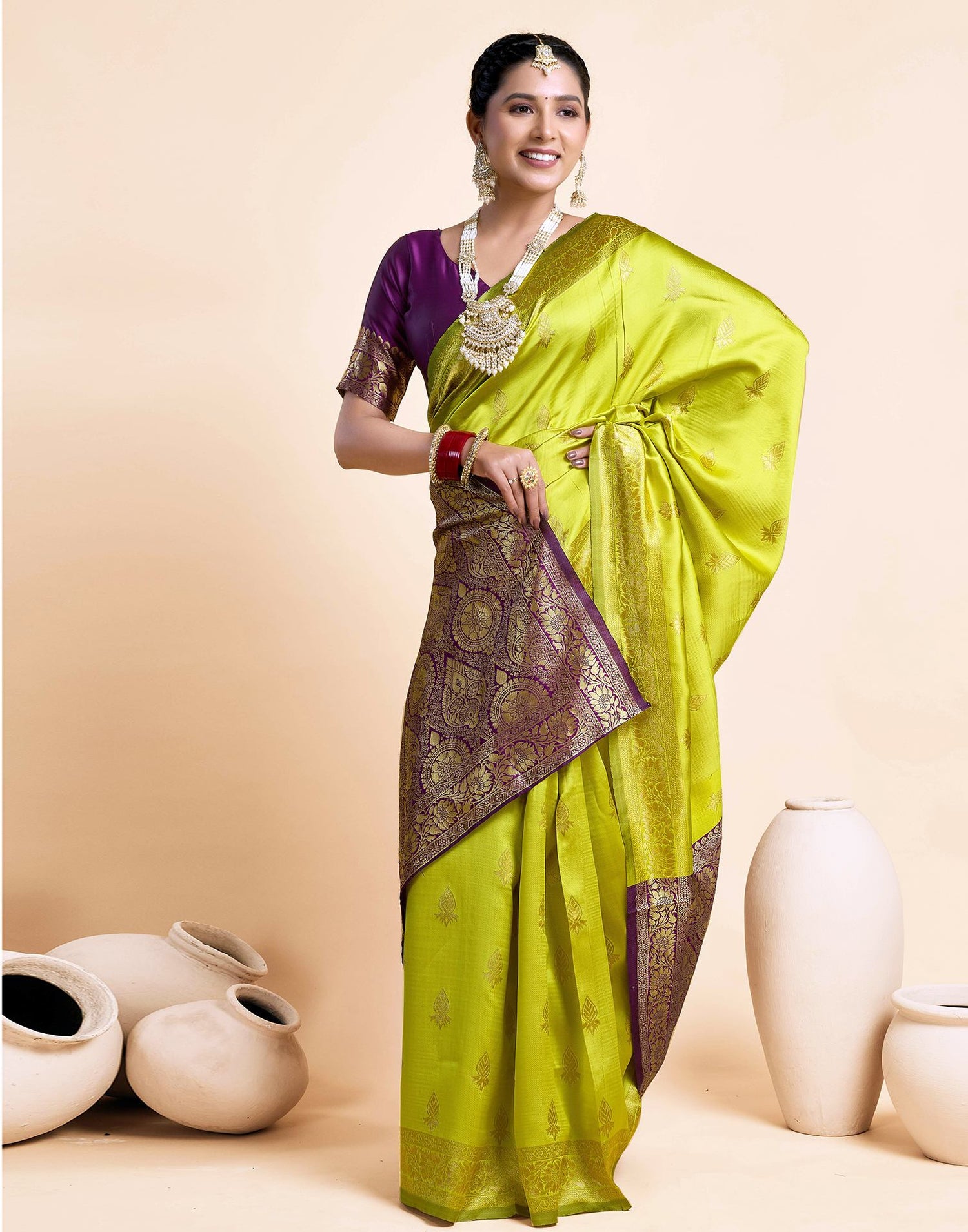 Lime Green Silk Woven Banarasi Saree