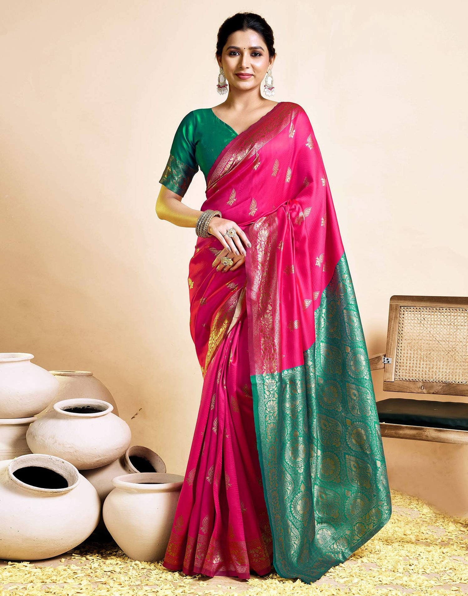 Bright Pink Silk Woven Banarasi Saree