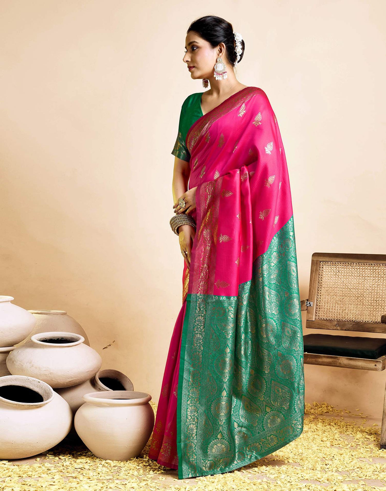 Bright Pink Silk Woven Banarasi Saree