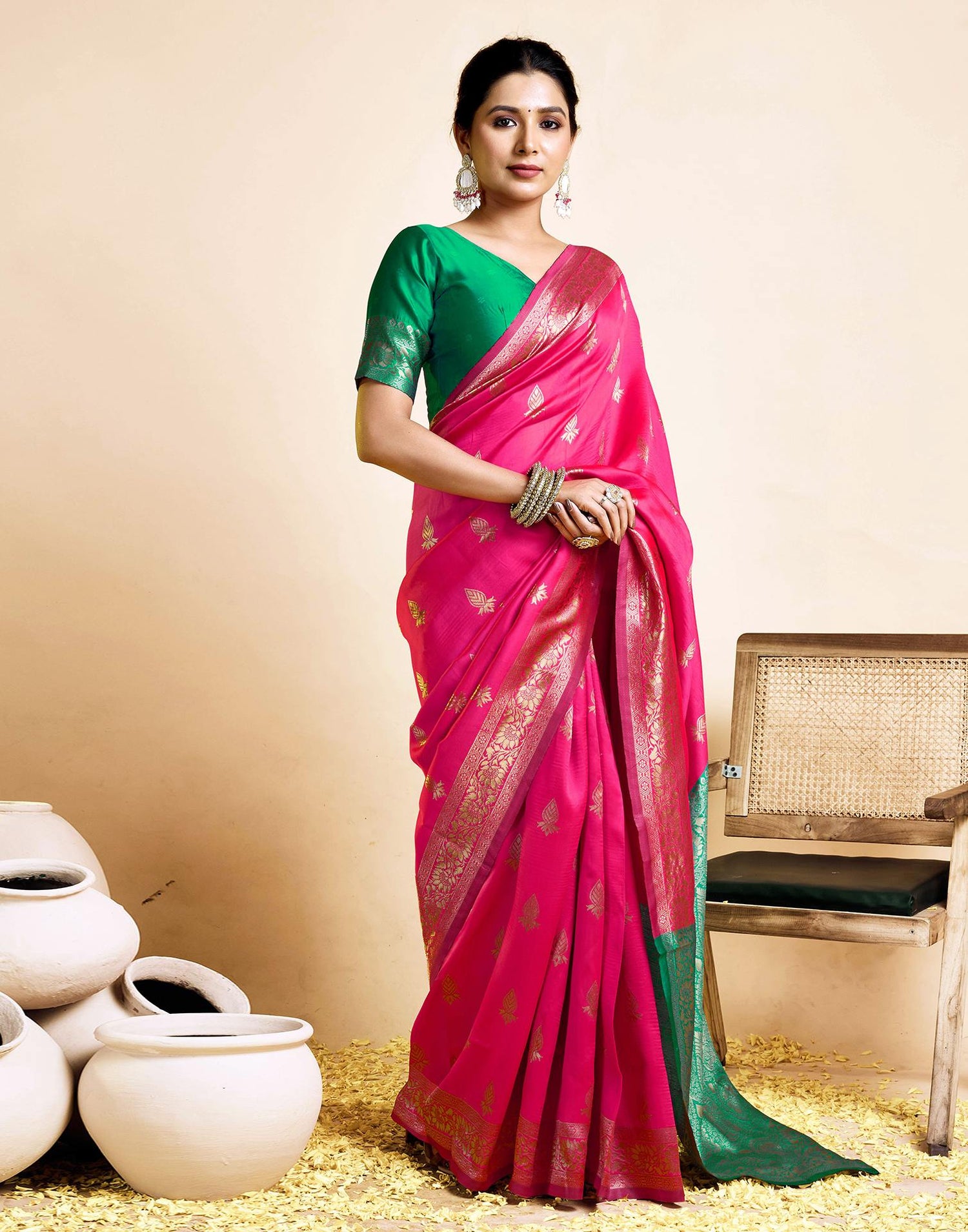 Bright Pink Silk Woven Banarasi Saree