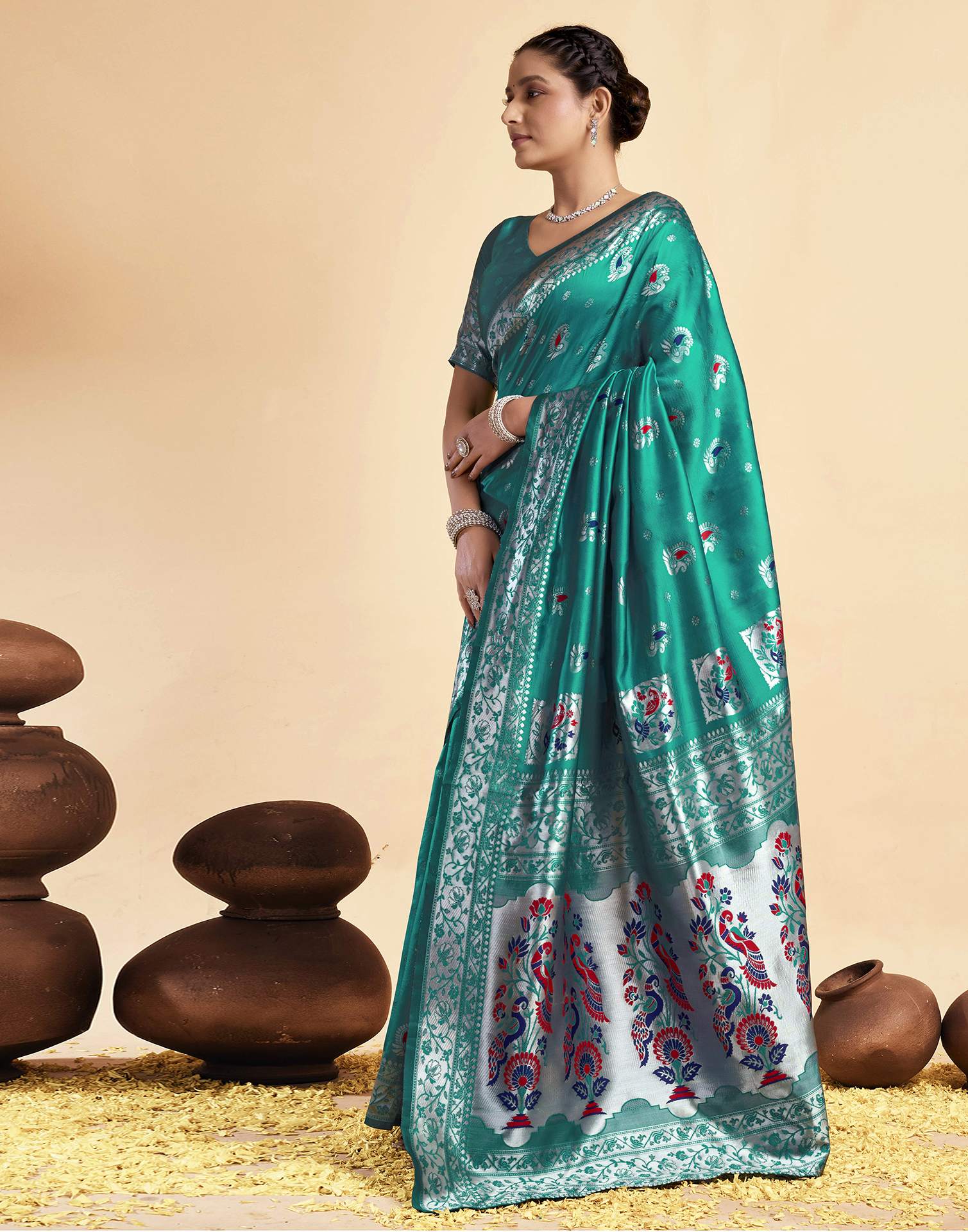 Teal Green Silk Woven Paithani Saree