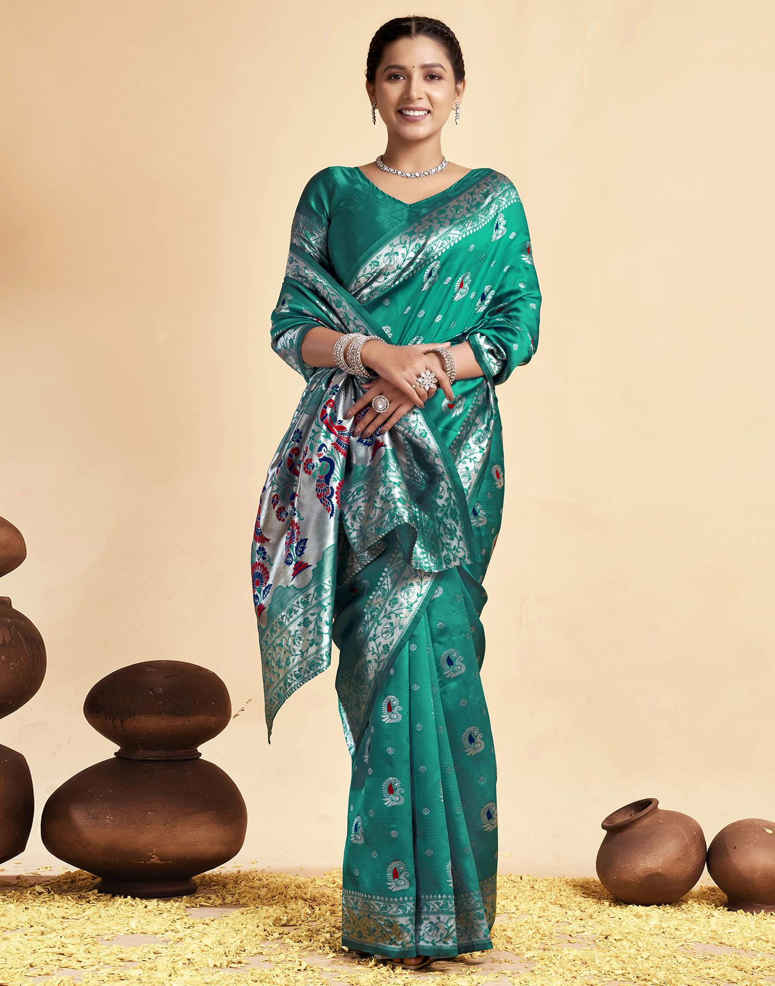 Teal Green Silk Woven Paithani Saree