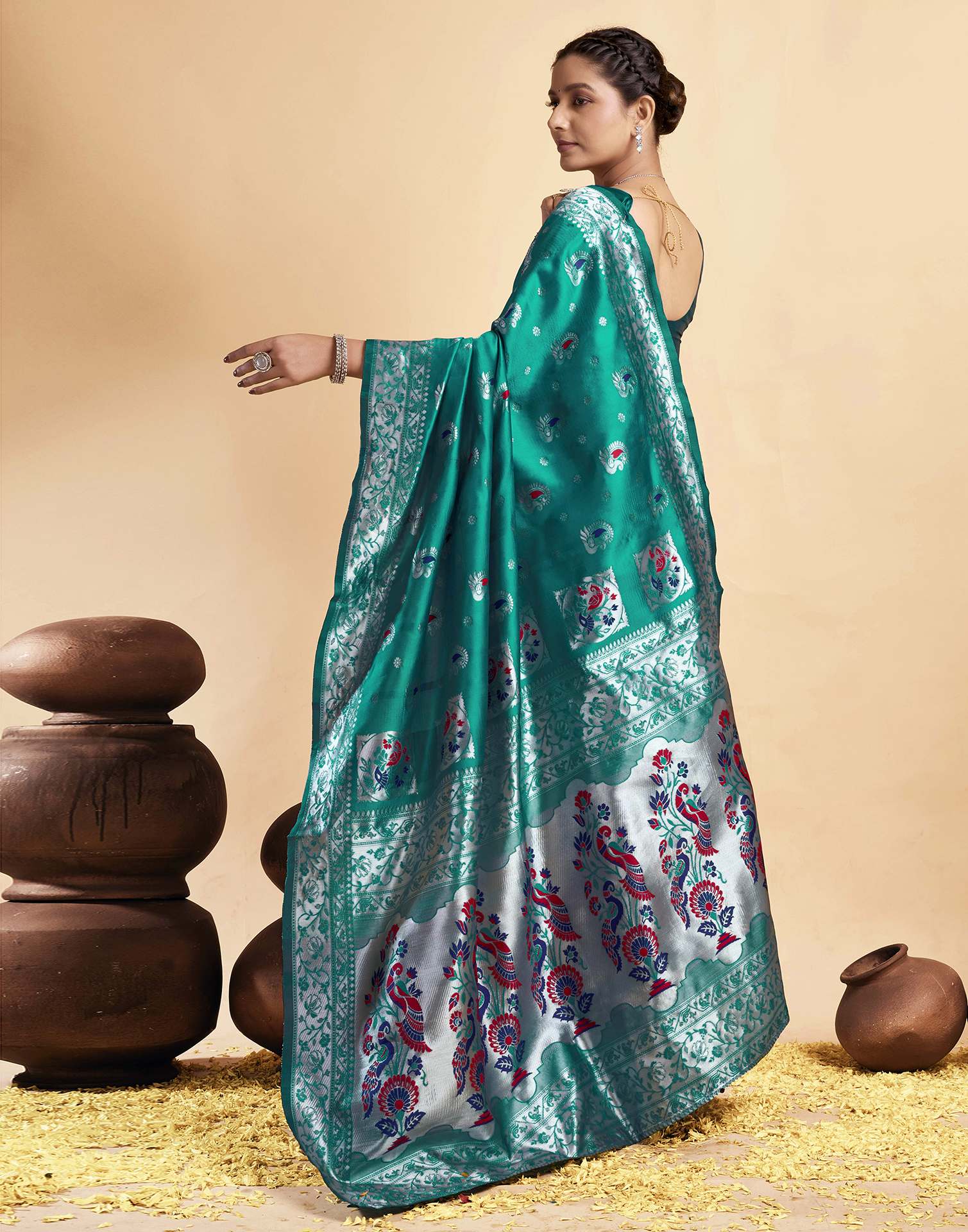Teal Green Silk Woven Paithani Saree