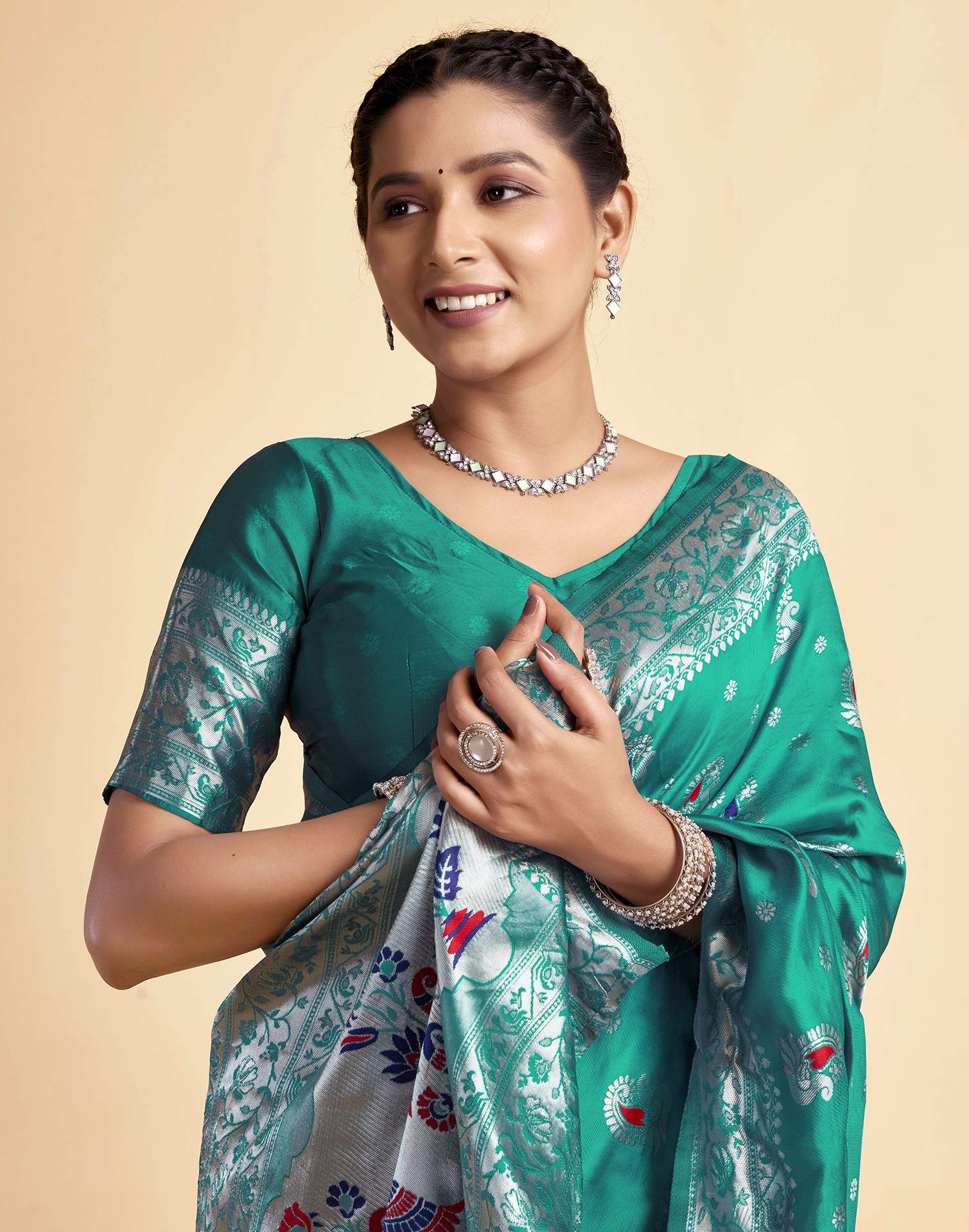Teal Green Silk Woven Paithani Saree
