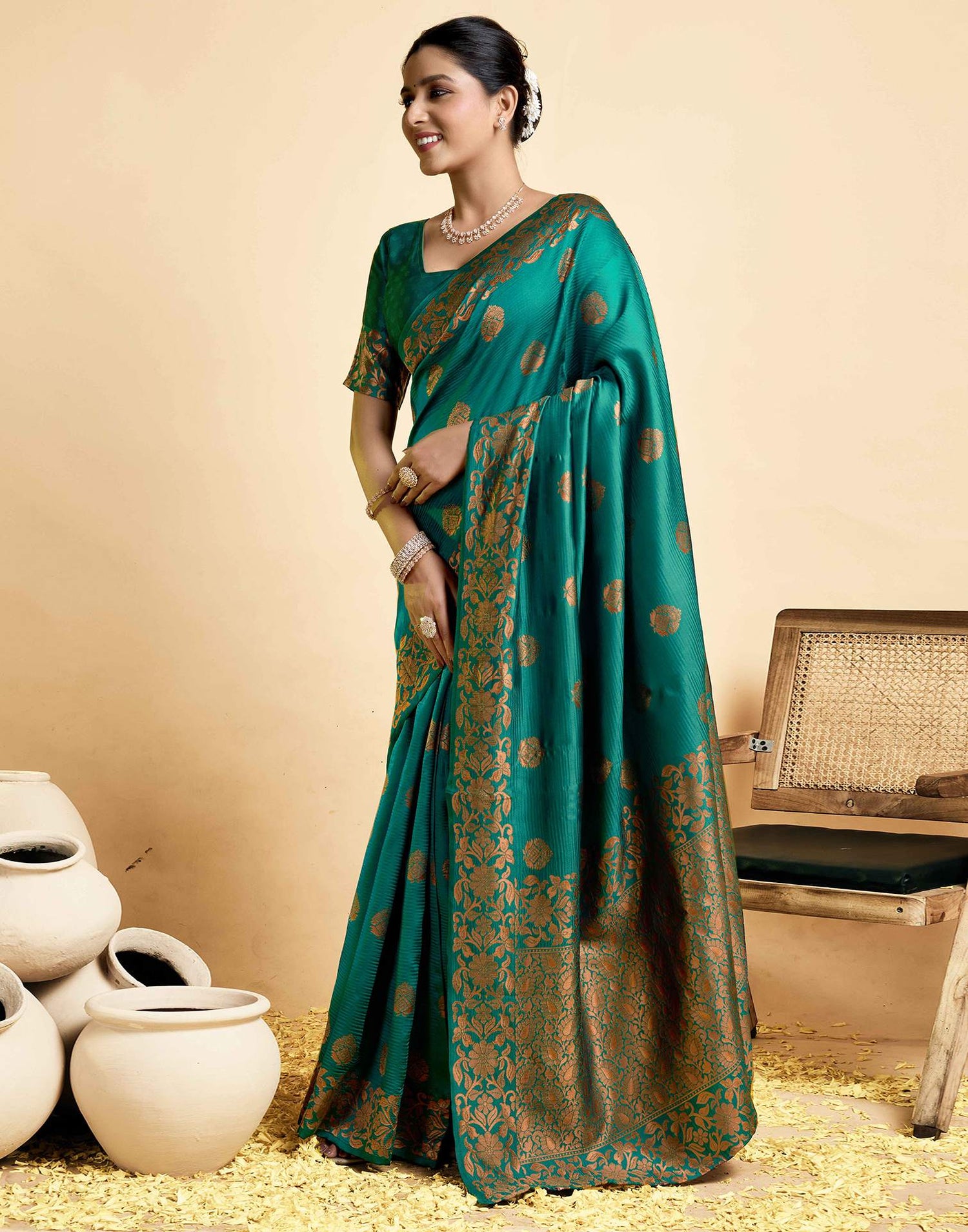 Teal Green Silk Woven Saree