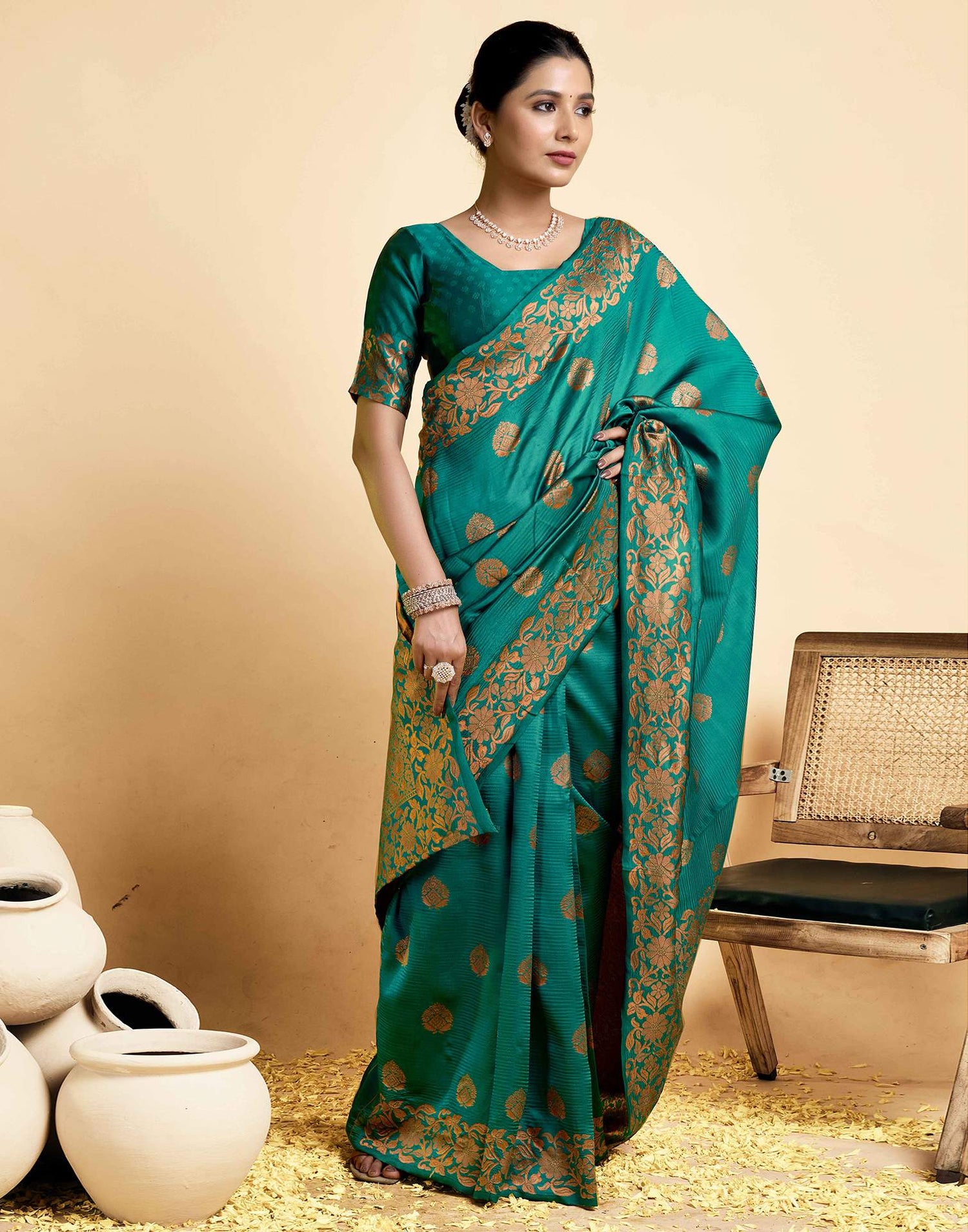 Teal Green Silk Woven Saree