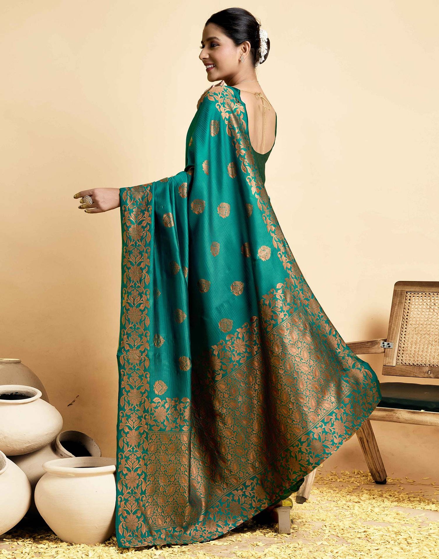 Teal Green Silk Woven Saree