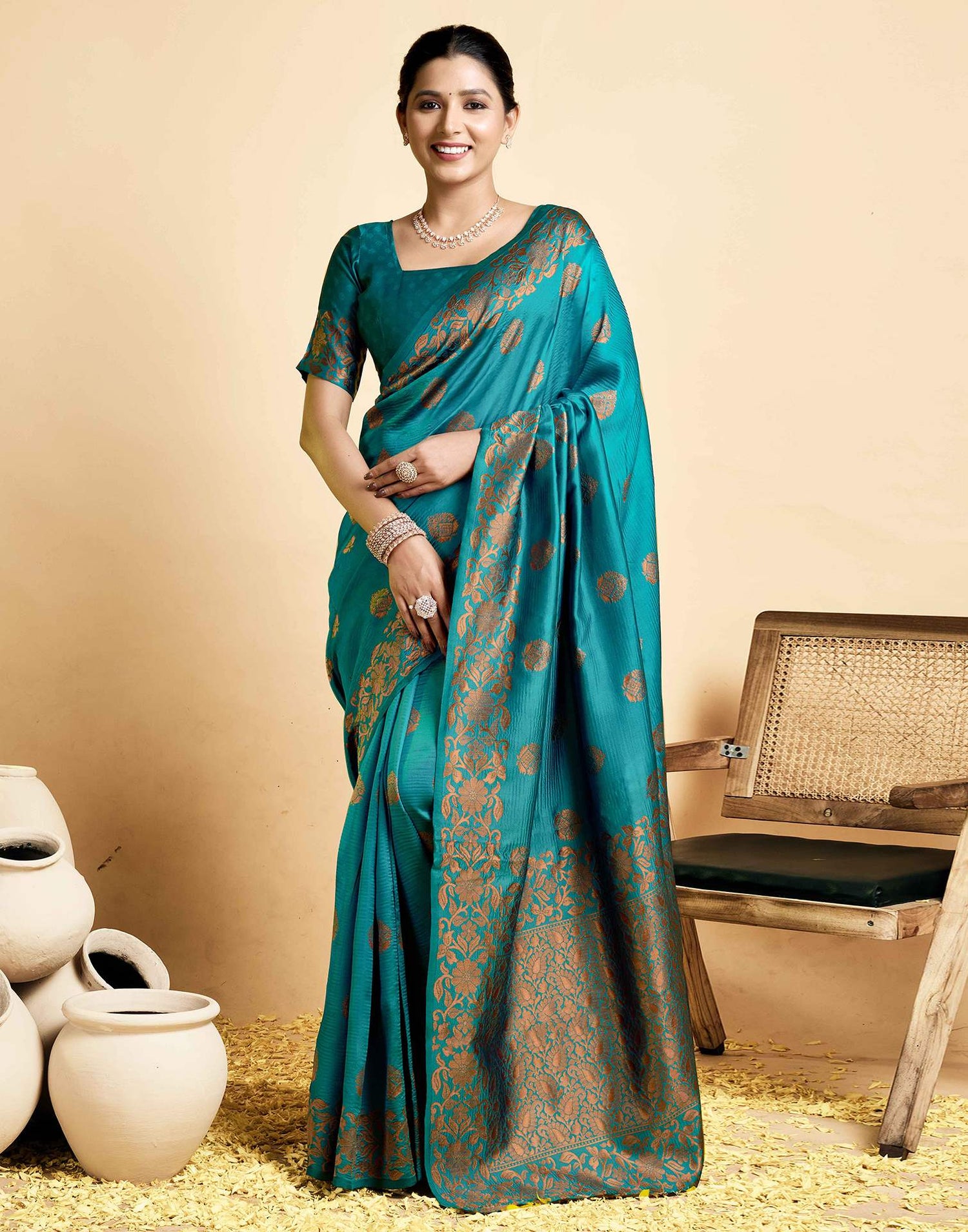 Teal Blue Silk Woven Saree