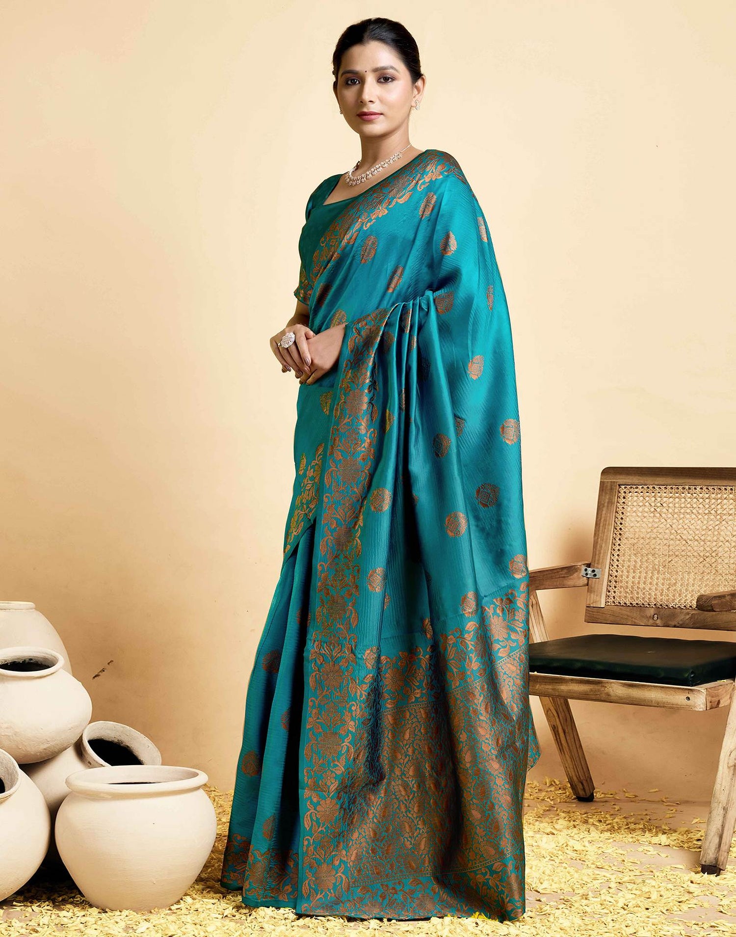 Teal Blue Silk Woven Saree
