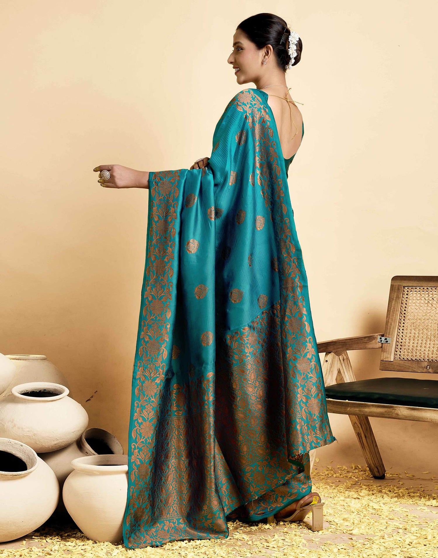 Teal Blue Silk Woven Saree
