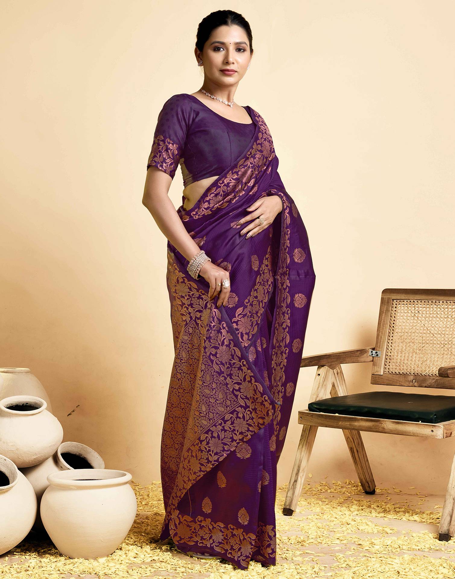 Wine Silk Woven Saree