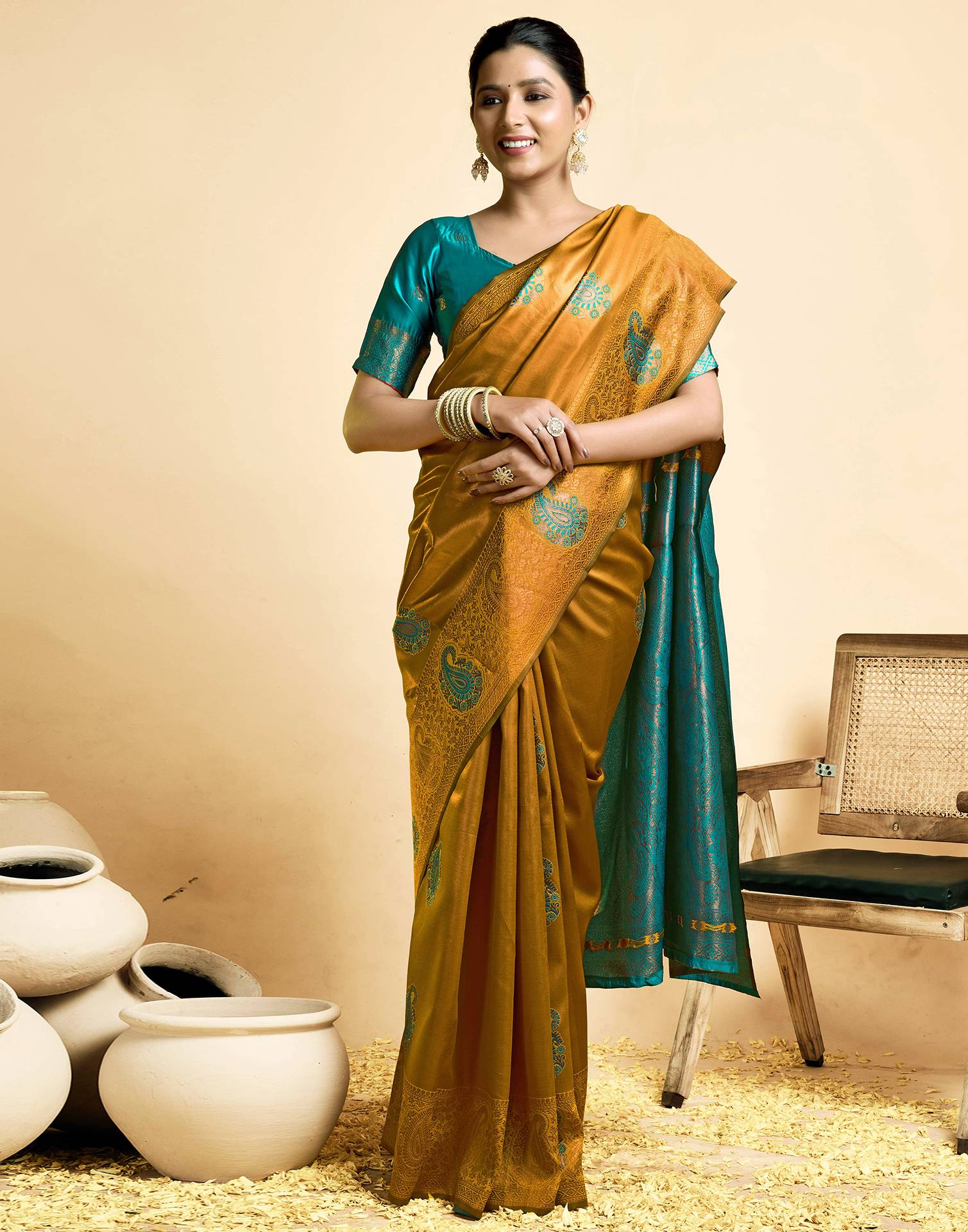 Mustard Yellow Simmer Silk Woven Saree