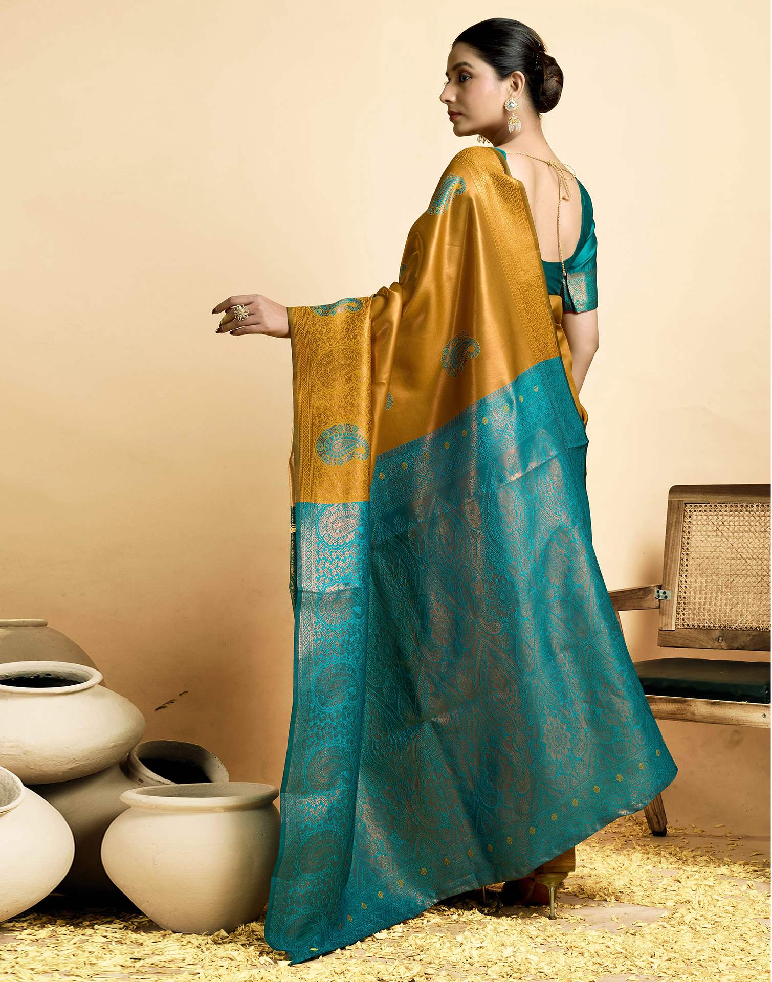 Mustard Yellow Simmer Silk Woven Saree