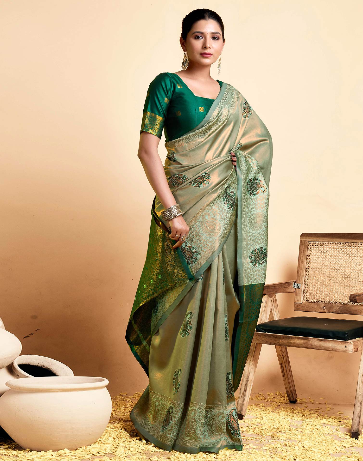 Pista Green Simmer Silk Woven Saree