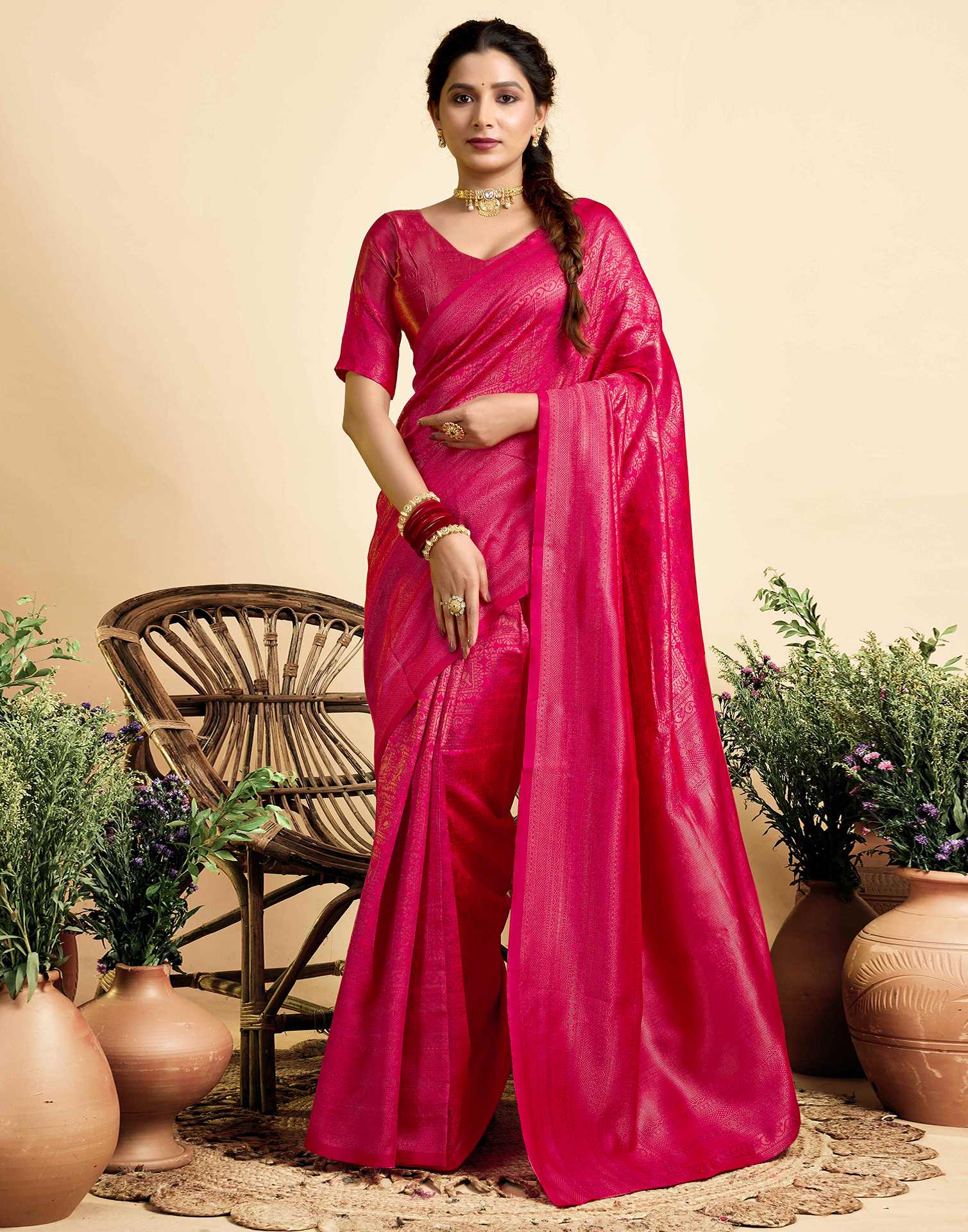 Bright Pink Silk Woven Kanjivaram Saree