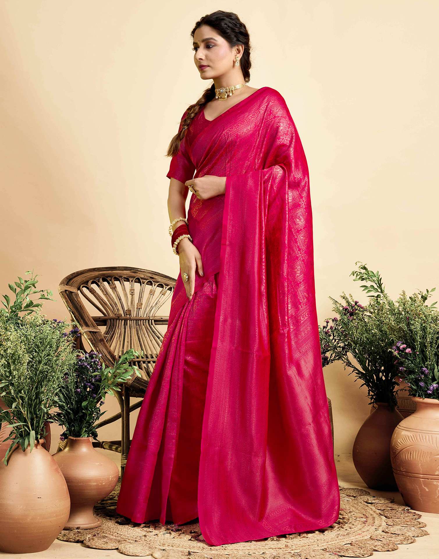 Bright Pink Silk Woven Kanjivaram Saree