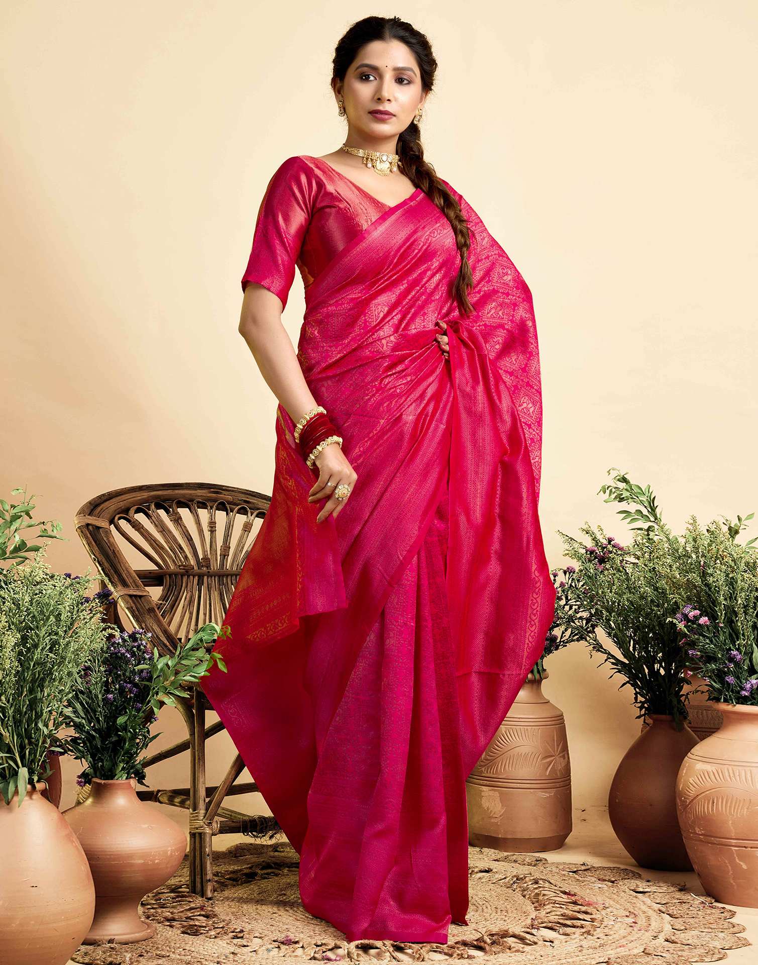 Bright Pink Silk Woven Kanjivaram Saree