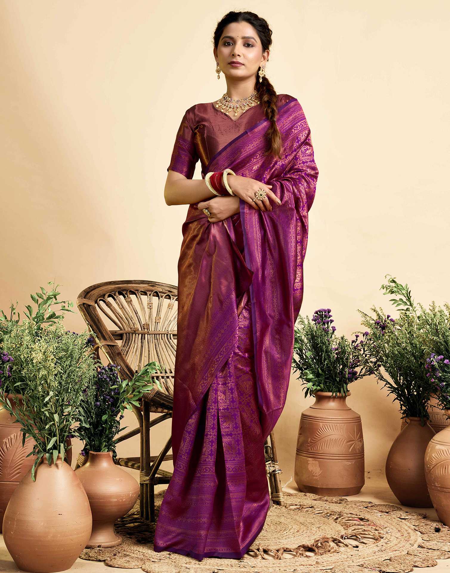 Dark Wine Silk Woven Kanjivaram Saree