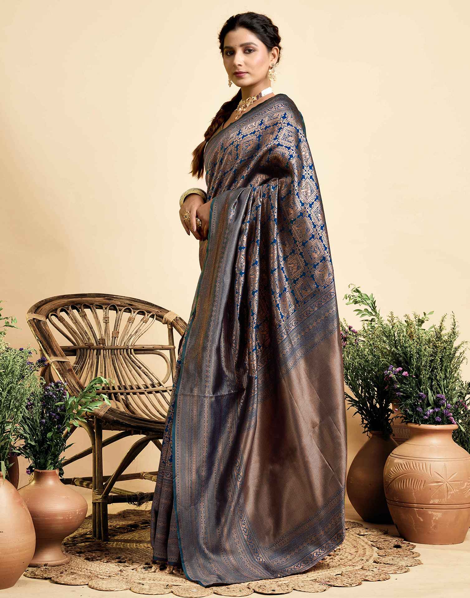 Light Navy Blue Silk Woven Kanjivaram Saree
