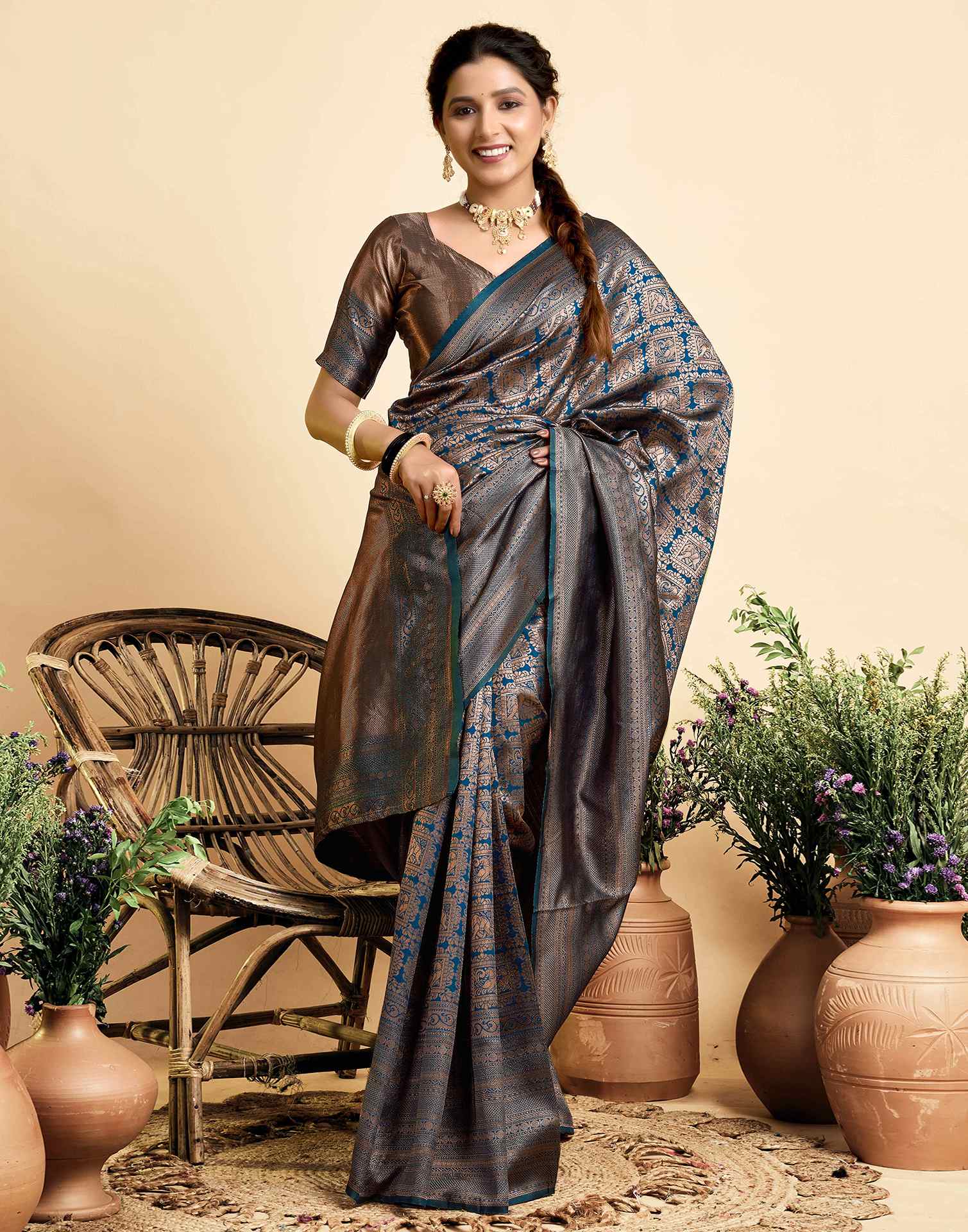 Light Navy Blue Silk Woven Kanjivaram Saree