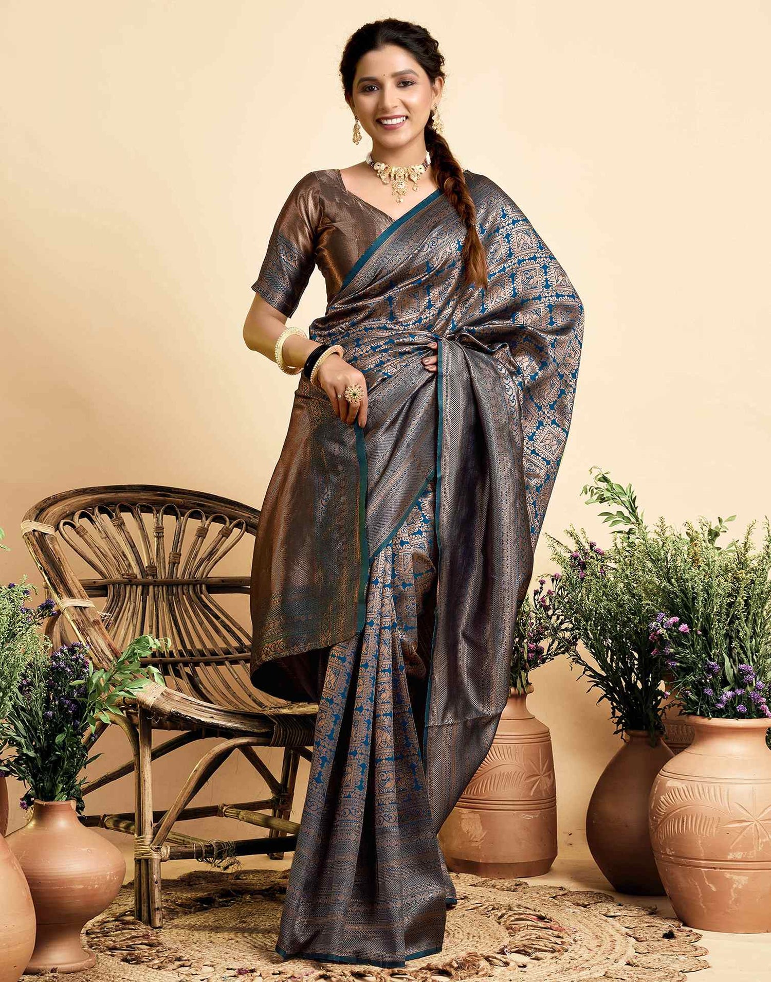Light Navy Blue Silk Woven Kanjivaram Saree
