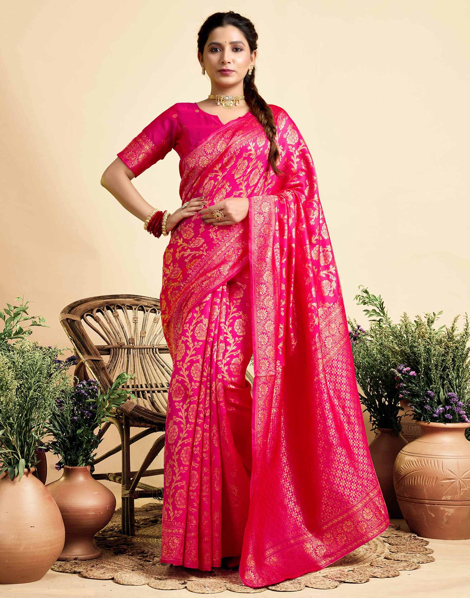 Bright Pink Silk Woven Banarasi Saree