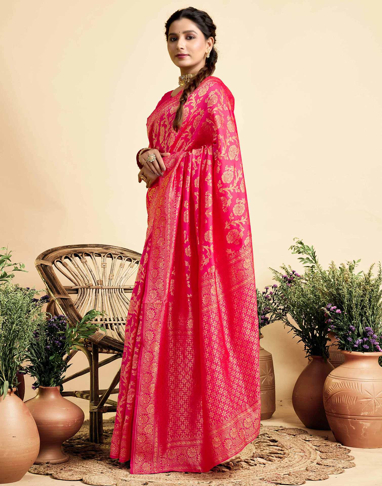 Bright Pink Silk Woven Banarasi Saree