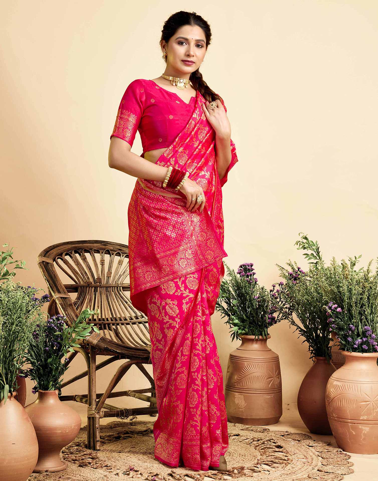 Bright Pink Silk Woven Banarasi Saree